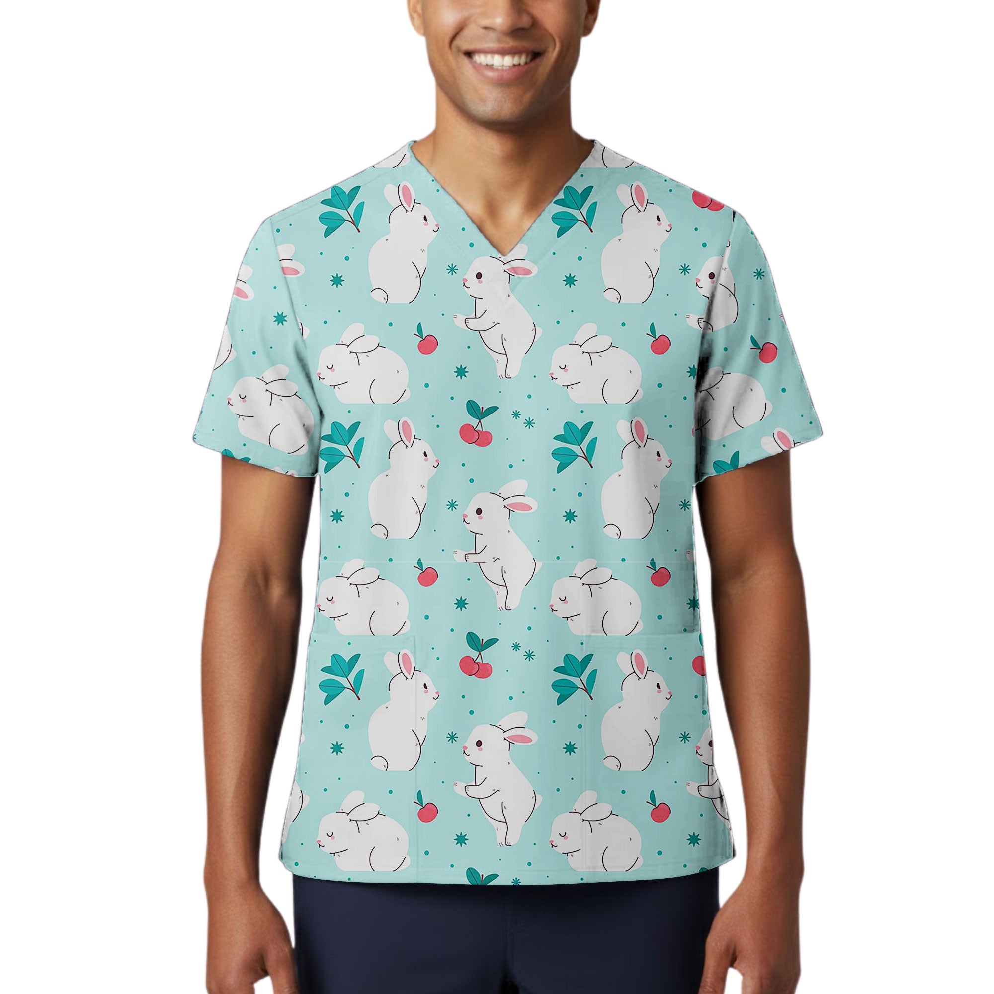 Teal Bunny and Cherry Printed Scrub Top for Nurses