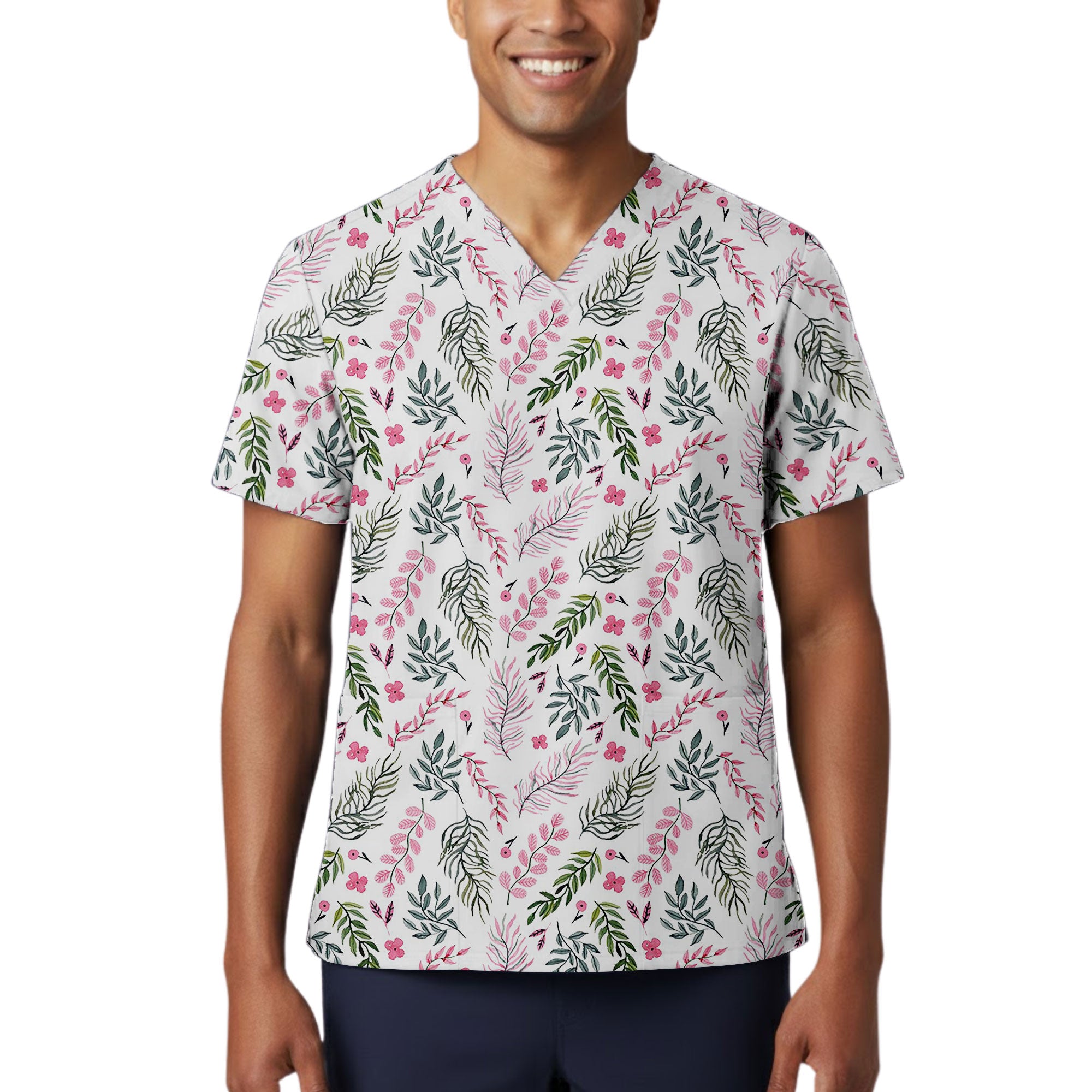 Pink and Green Botanical Leaf Printed Scrub Top for Nurses