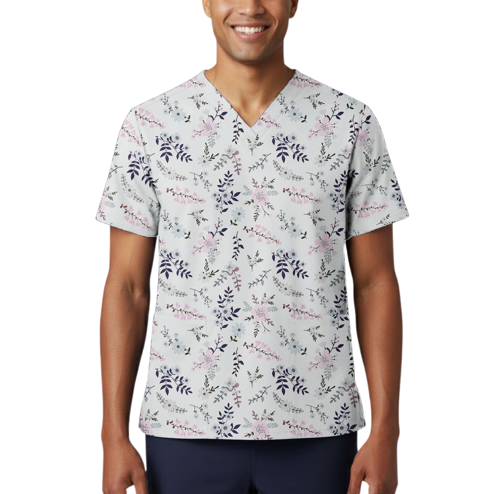 Pastel Wildflower Mini Floral Printed Scrub Top for Nurses