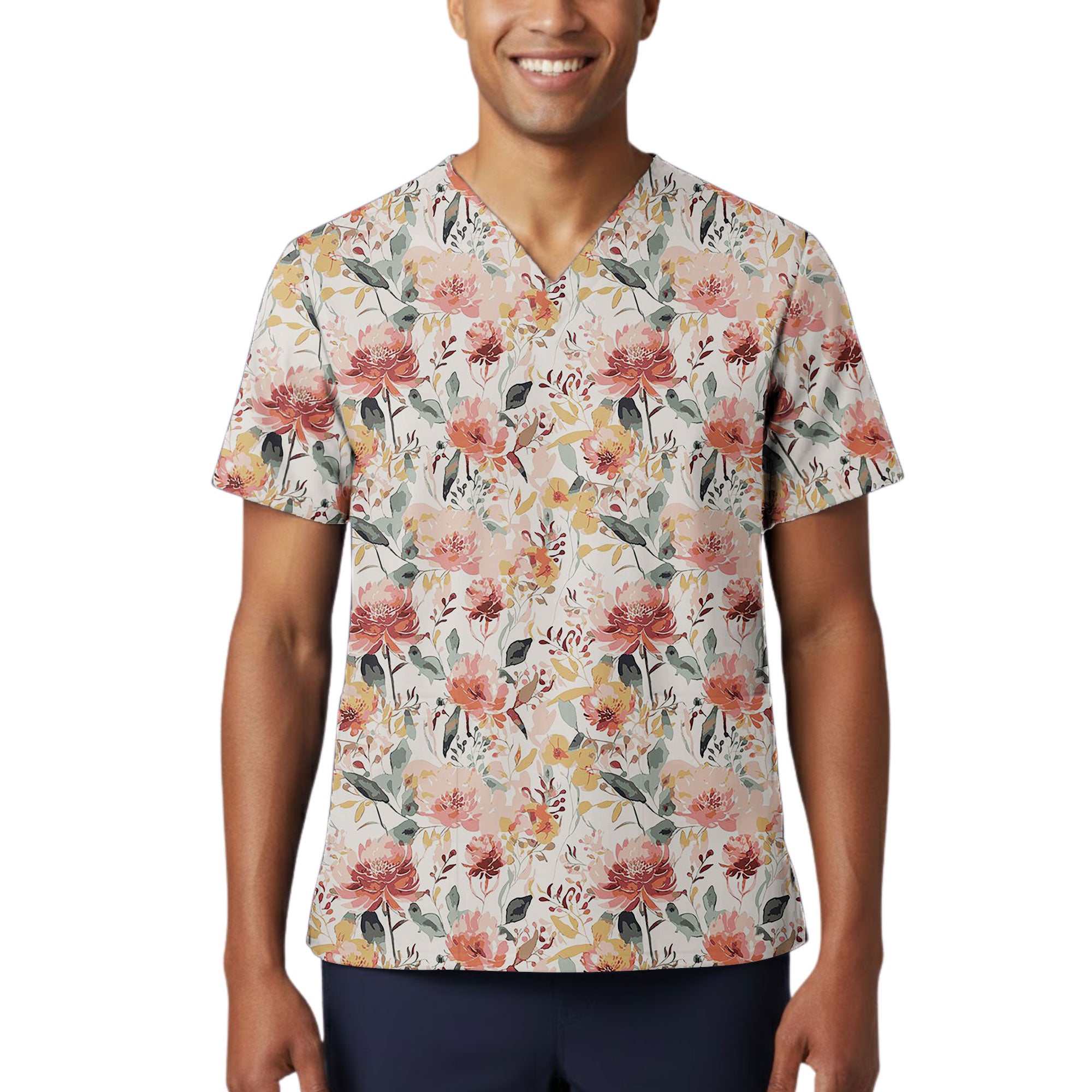Watercolor Peony Bloom Printed Scrub Top for Nurses