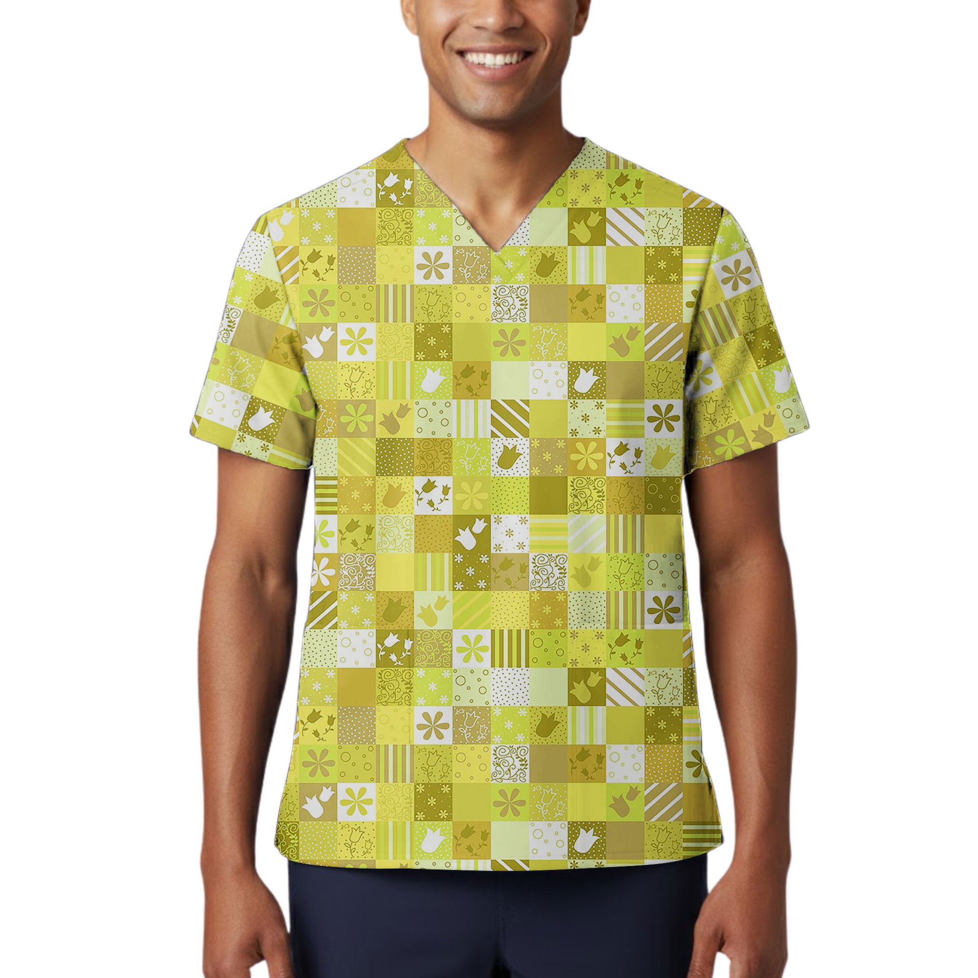 Yellow Tulip Patchwork Printed Scrub Top for Nurses