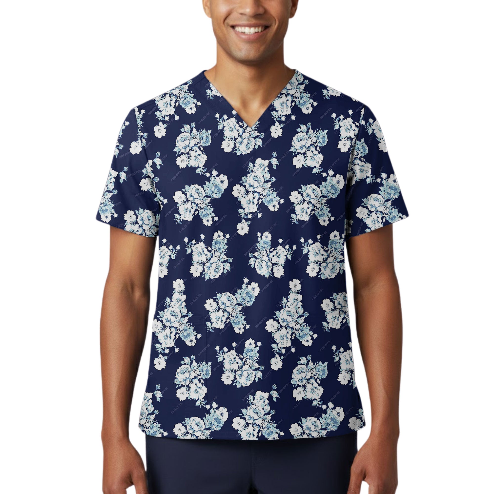 Navy Blue Rose Floral Printed Scrub Top for Nurses