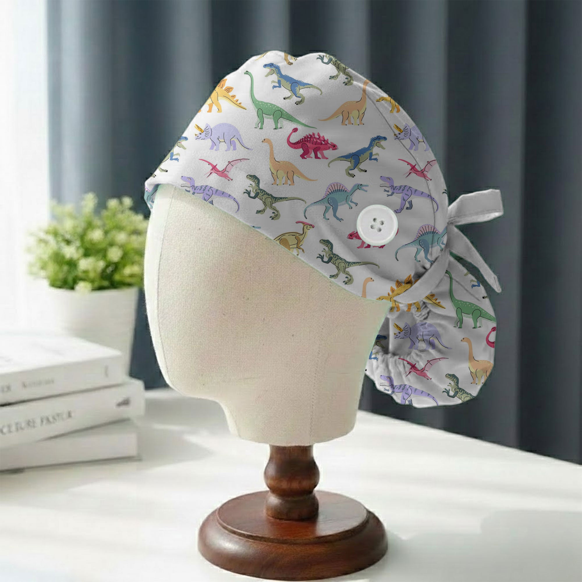 Colorful Cartoon Dinosaur Printed Scrub Cap for Pediatric Nurses