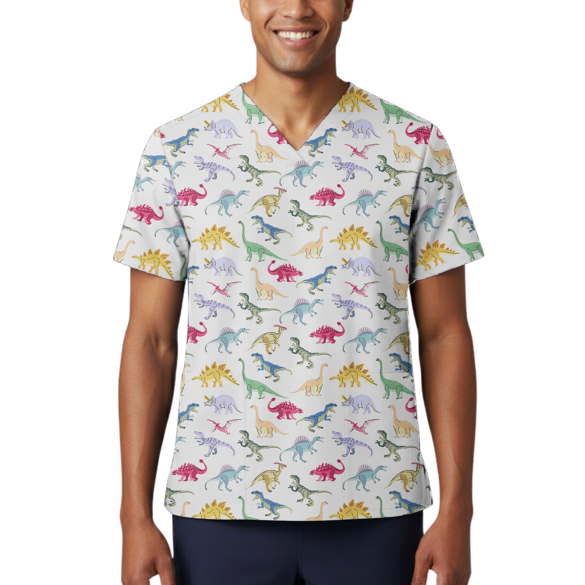 Colorful Cartoon Dinosaur Printed Scrub Top for Pediatric Nurses