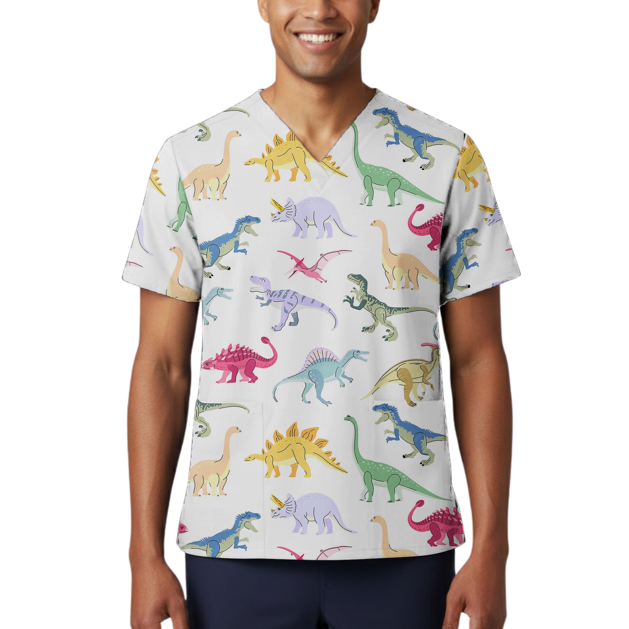 Pastel Dinosaur Friends Printed Scrub Top for Pediatric Staff