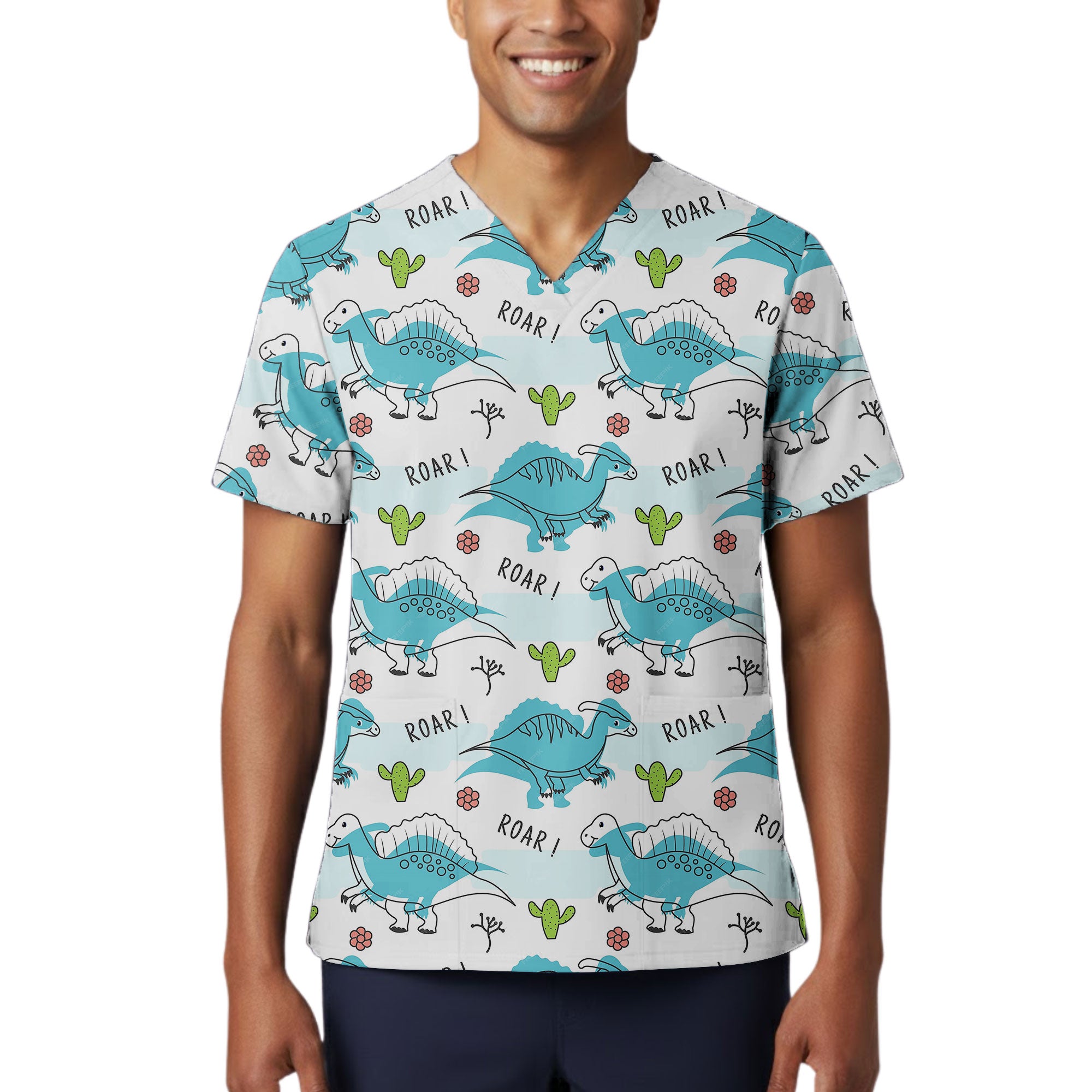 Blue Roar Dinosaur and Cactus Printed Scrub Top for Pediatric Nurses