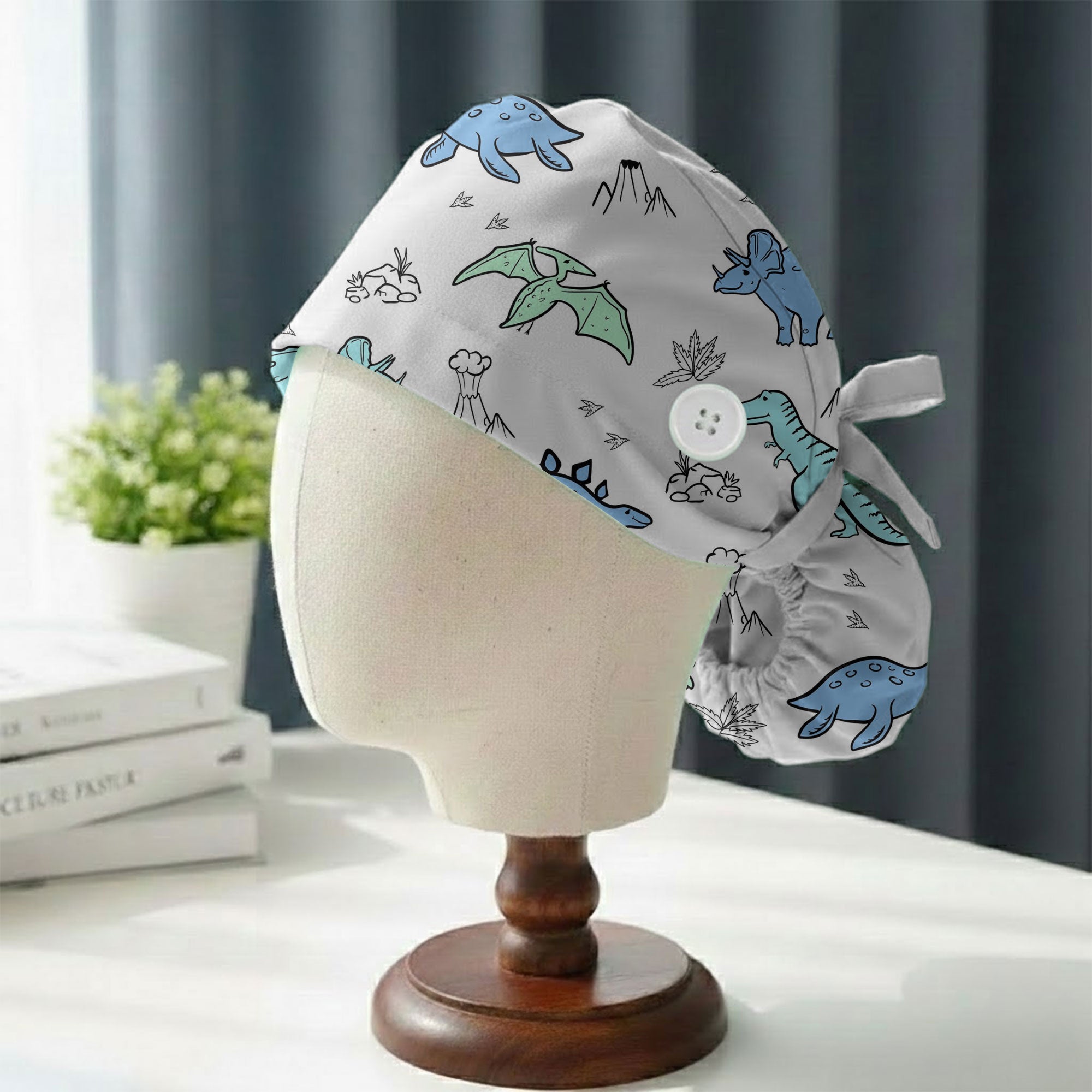 Pastel Doodle Dinosaur Printed Scrub Cap for Pediatric Staff