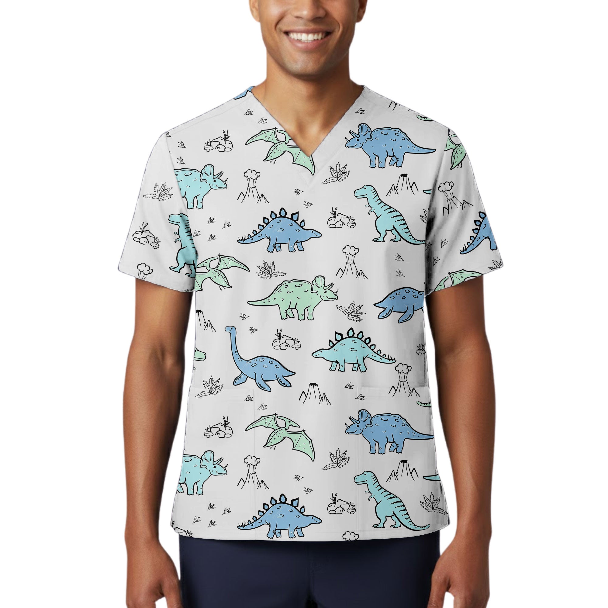 Pastel Doodle Dinosaur Printed Scrub Top for Pediatric Staff