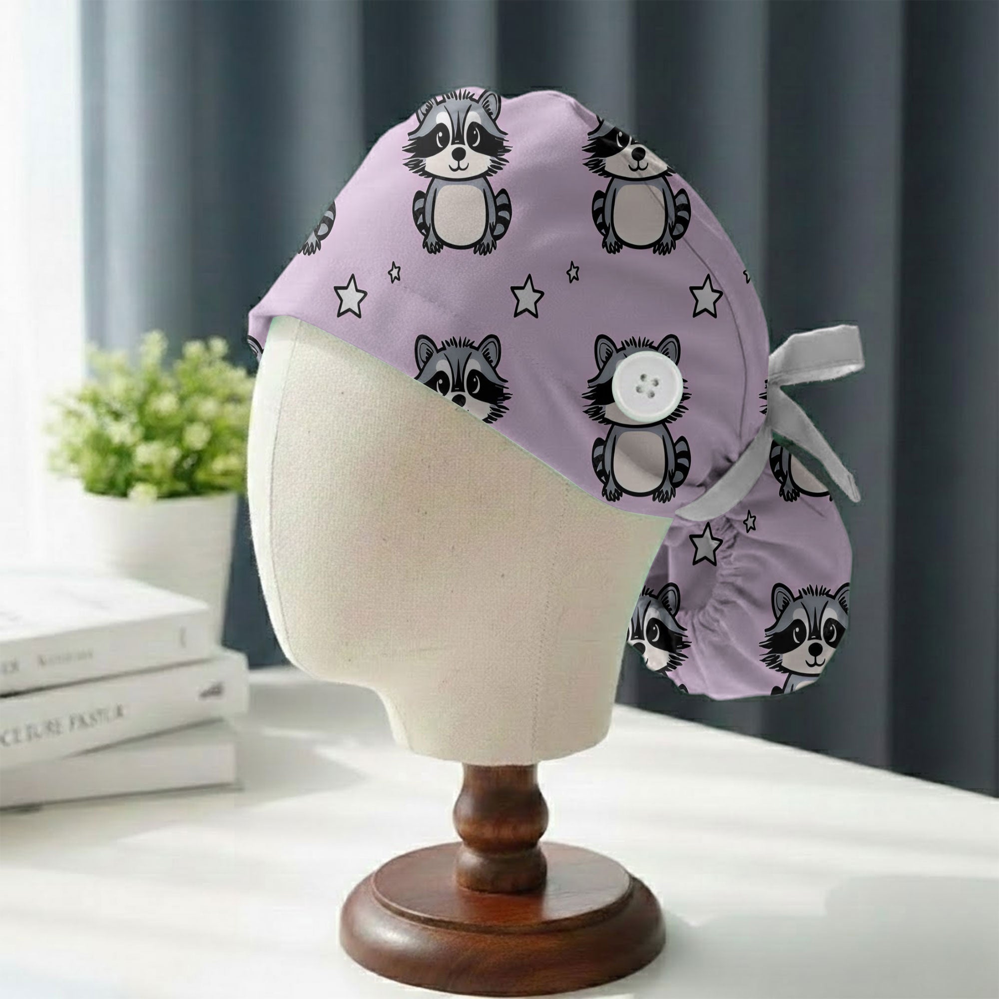 Lavender Raccoon and Star Printed Scrub Cap