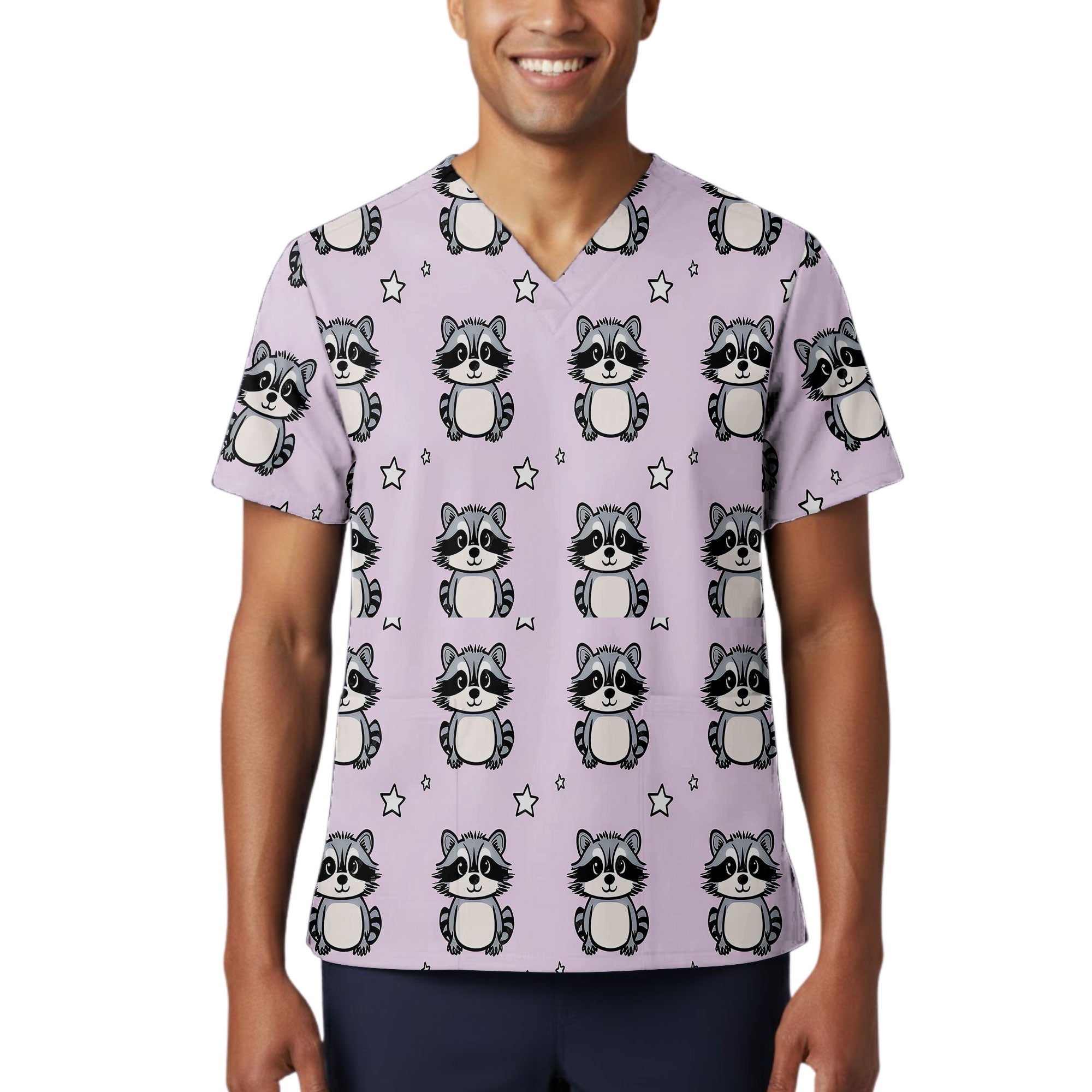 Lavender Raccoon and Star Printed Scrub Top for Veterinary Nurses