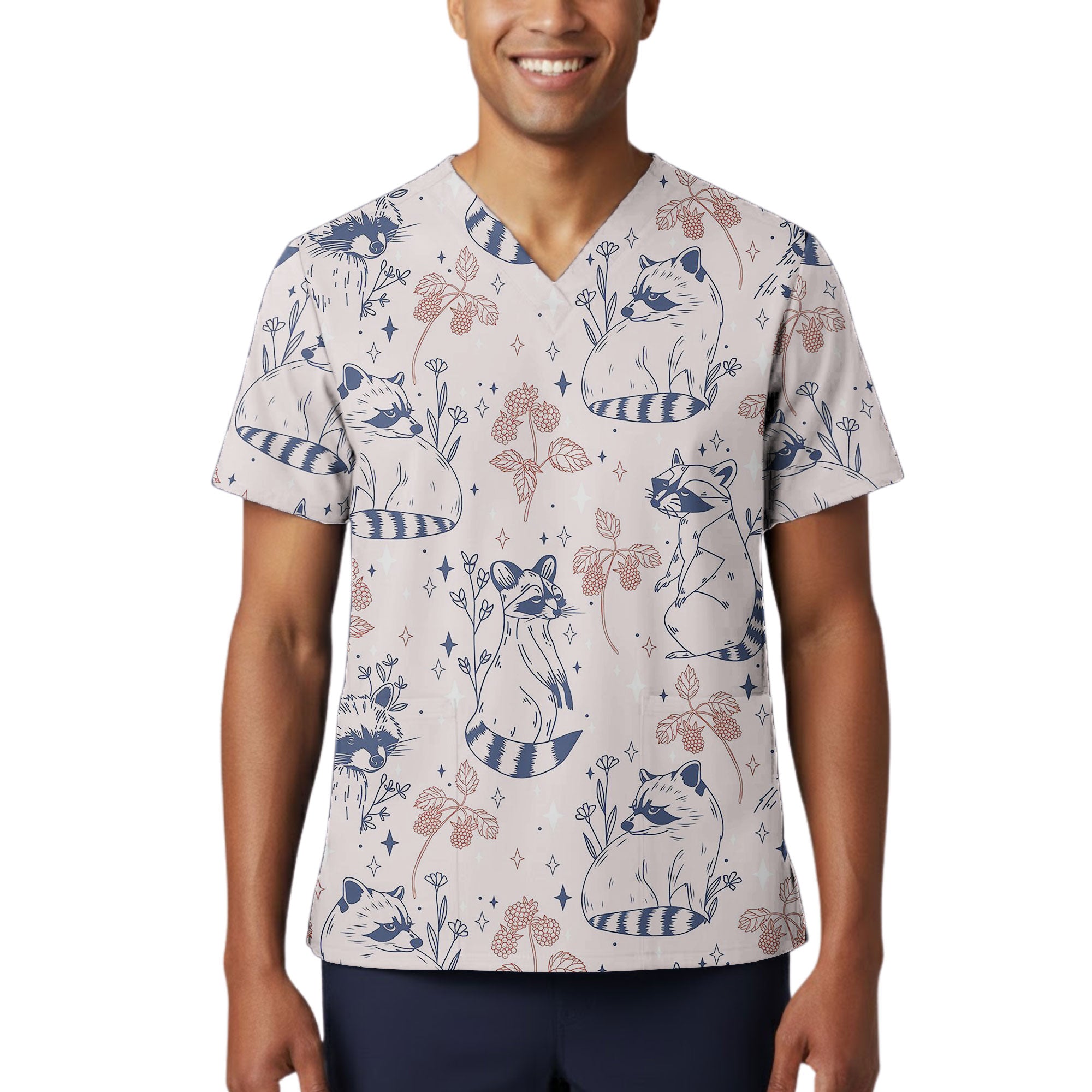 Blush Sketched Raccoon and Berry Printed Scrub Top for Veterinary Nurses