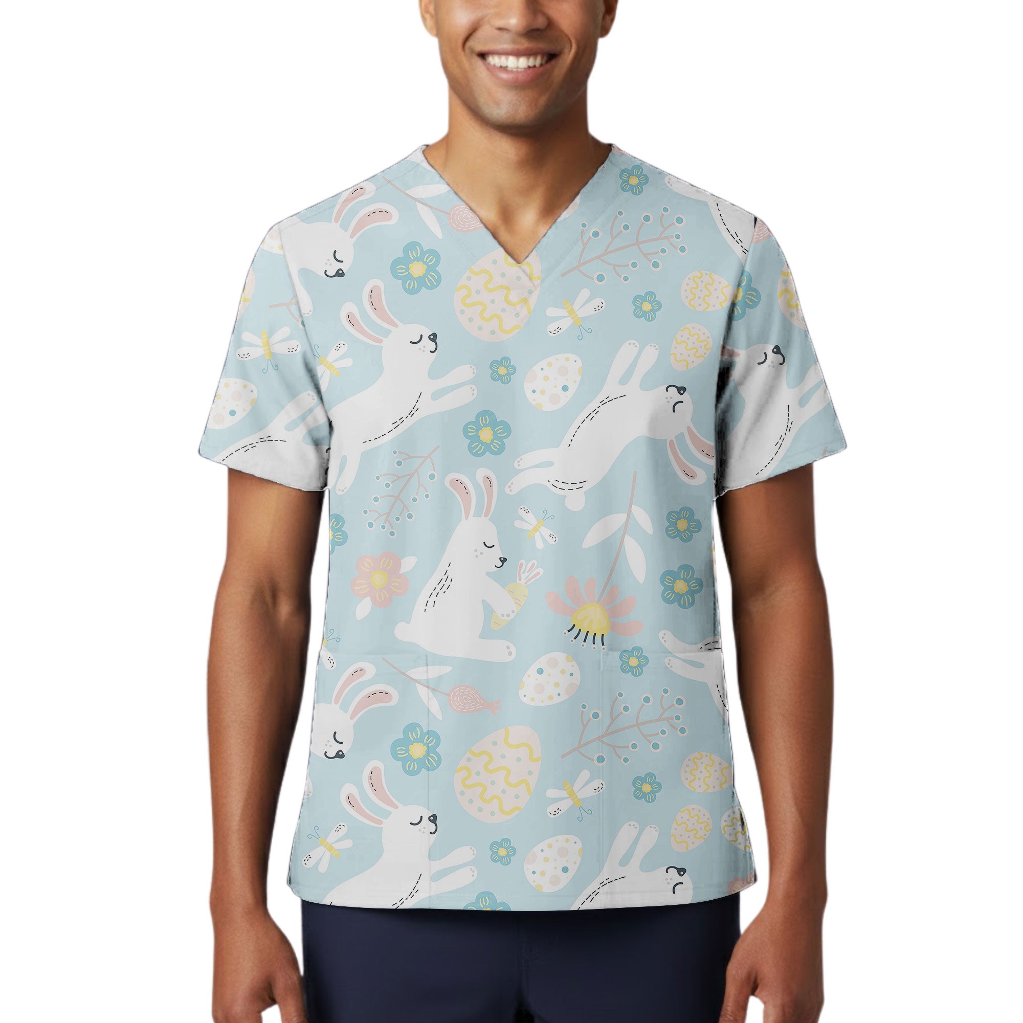 Pastel Easter Bunny and Egg Printed Scrub Top for Spring