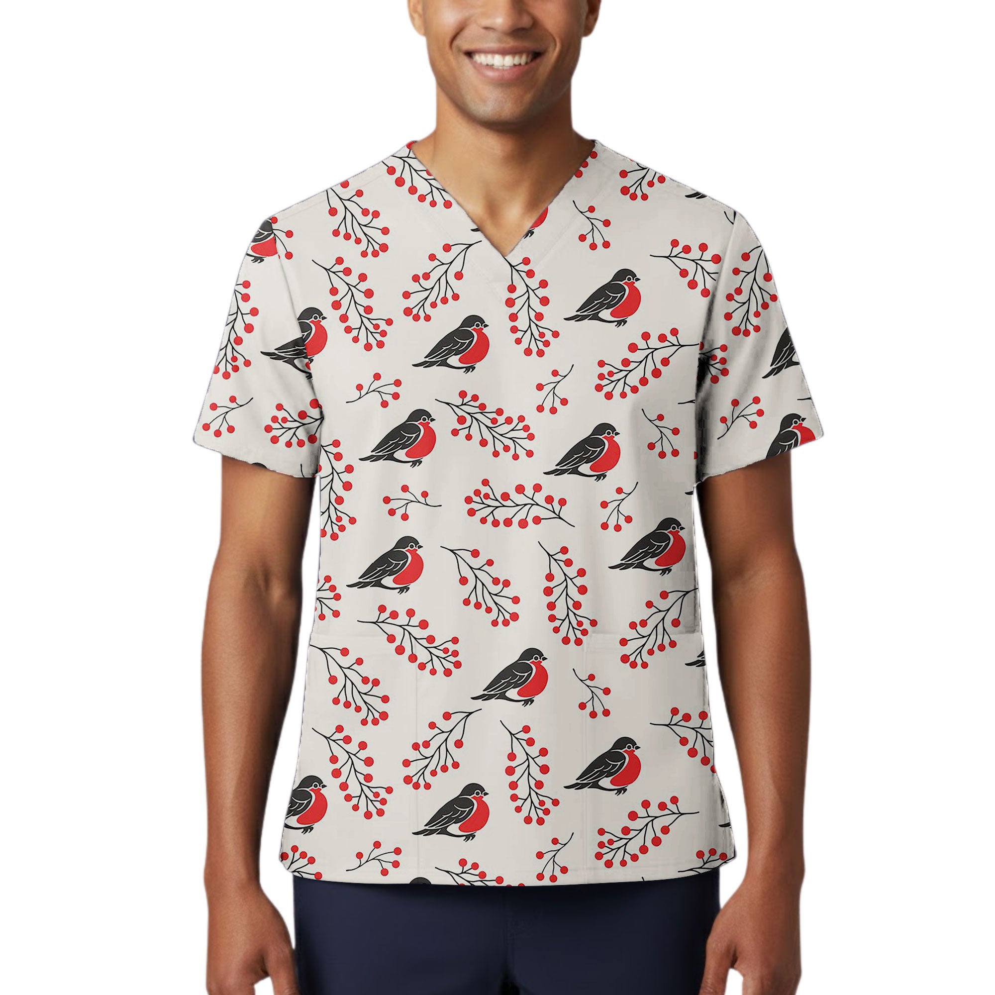 Bullfinch Bird and Winter Berry Printed Scrub Top for Veterinary Nurses
