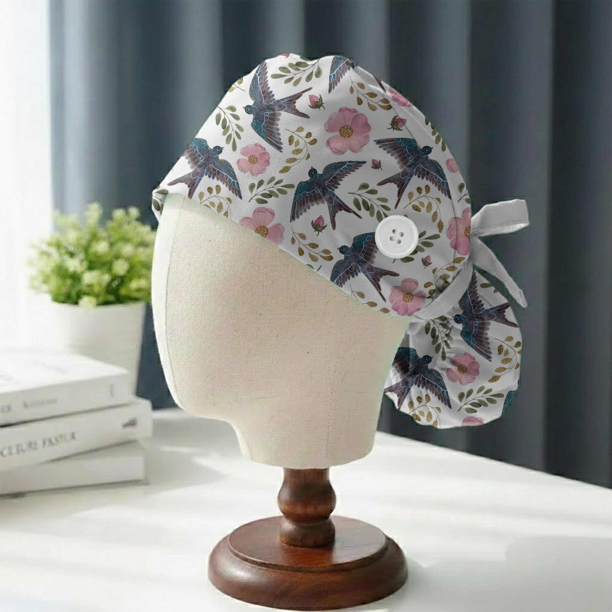 Swallow Bird and Pink Rose Printed Scrub Cap