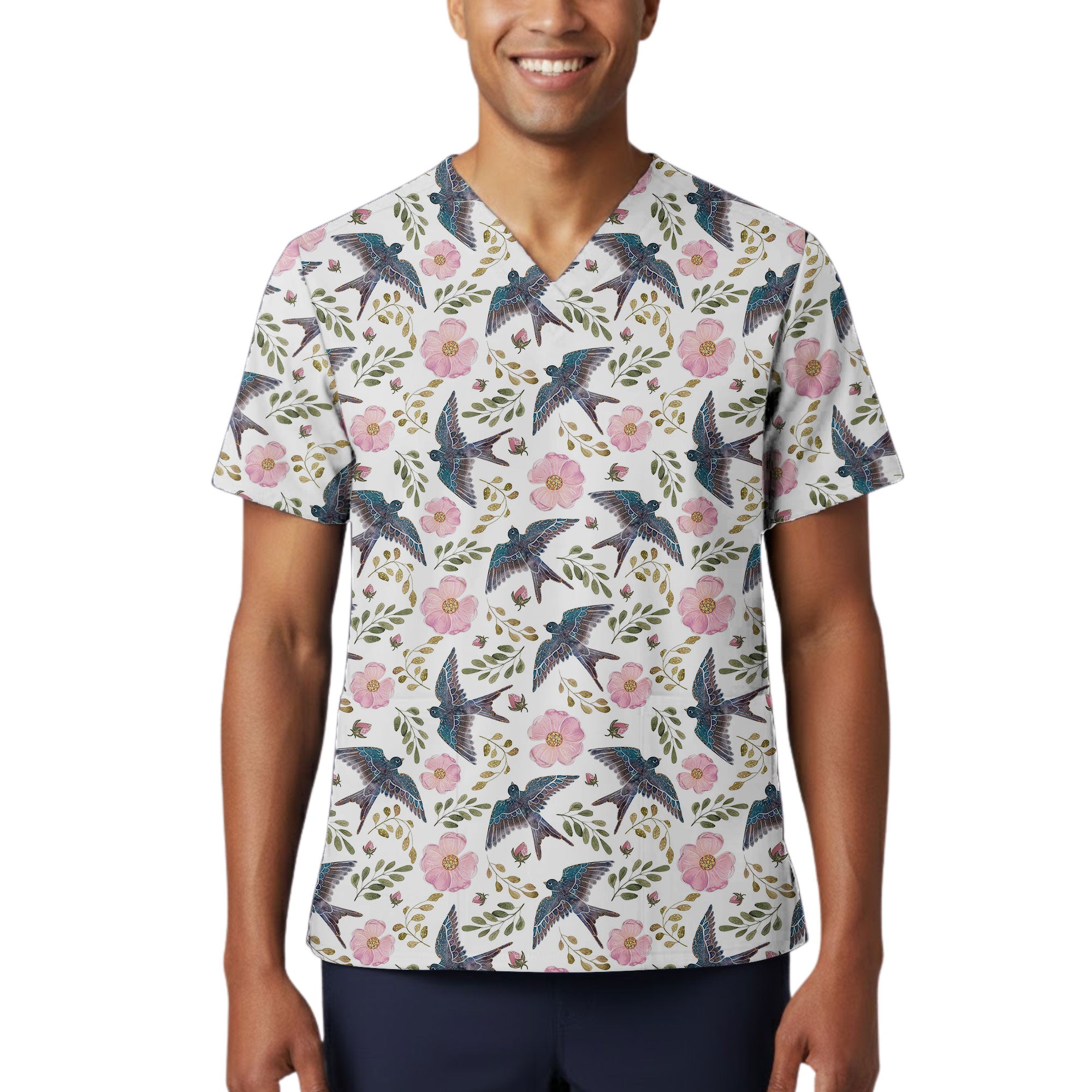 Swallow Bird and Pink Rose Printed Scrub Top for Nurses