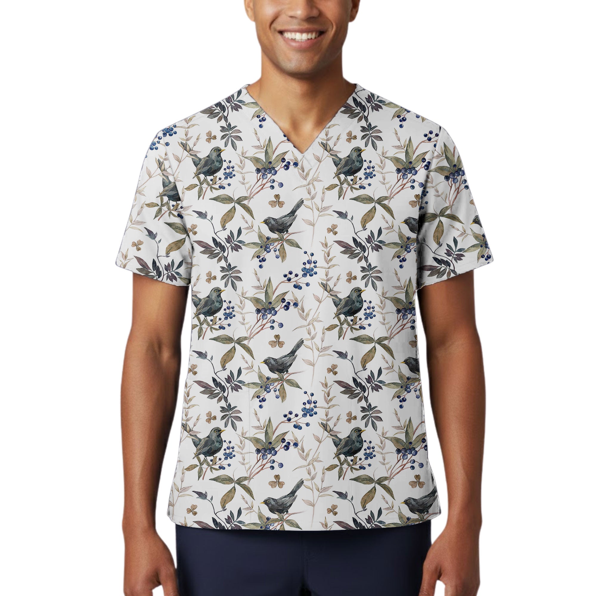 Black Bird and Blueberry Botanical Printed Scrub Top for Nurses