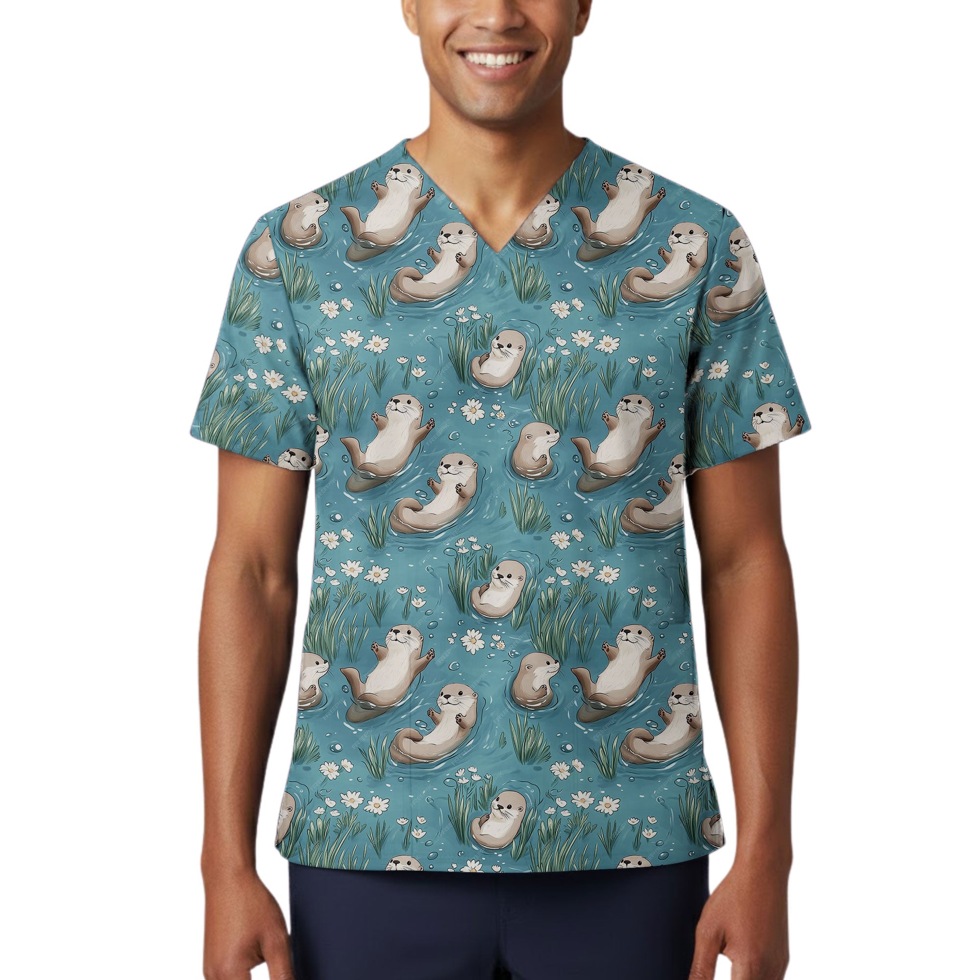 Cute Sea Otter Printed Scrub Top for Marine Lovers