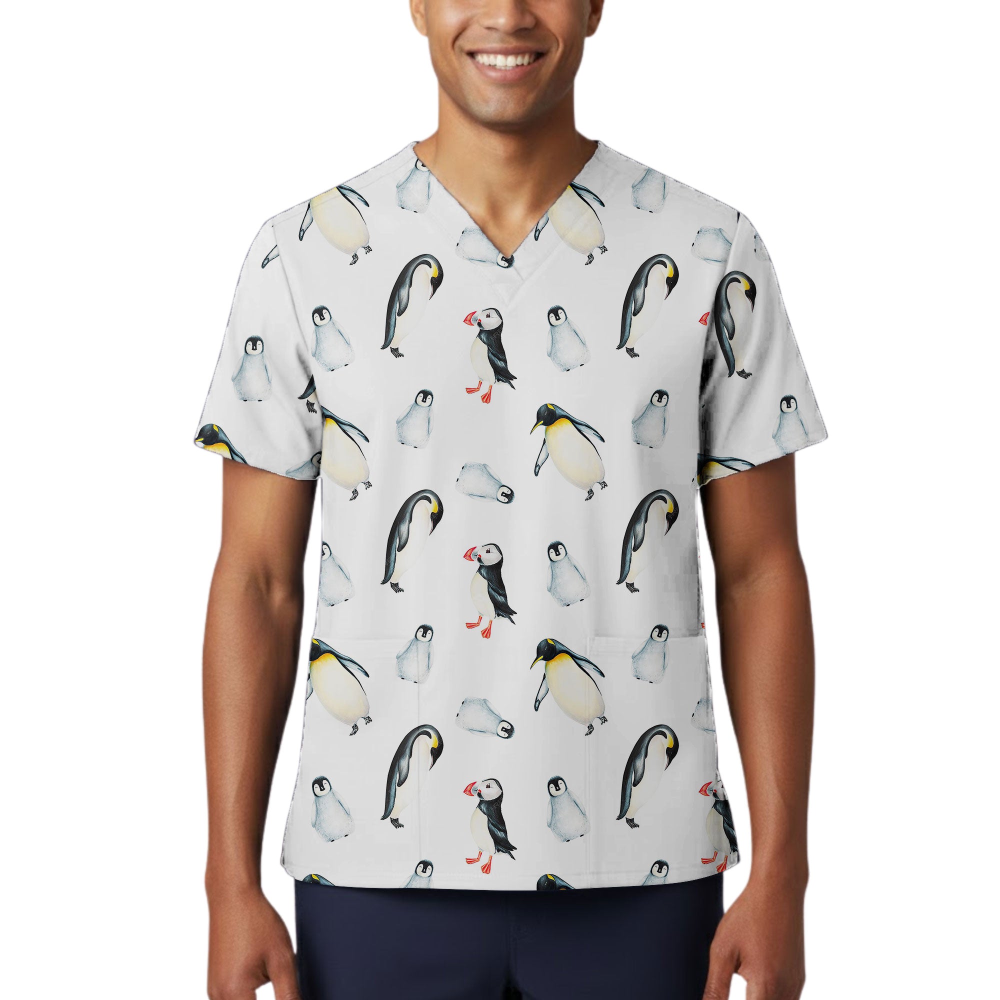 Watercolor Penguin and Puffin Printed Scrub Top for Veterinary Nurses