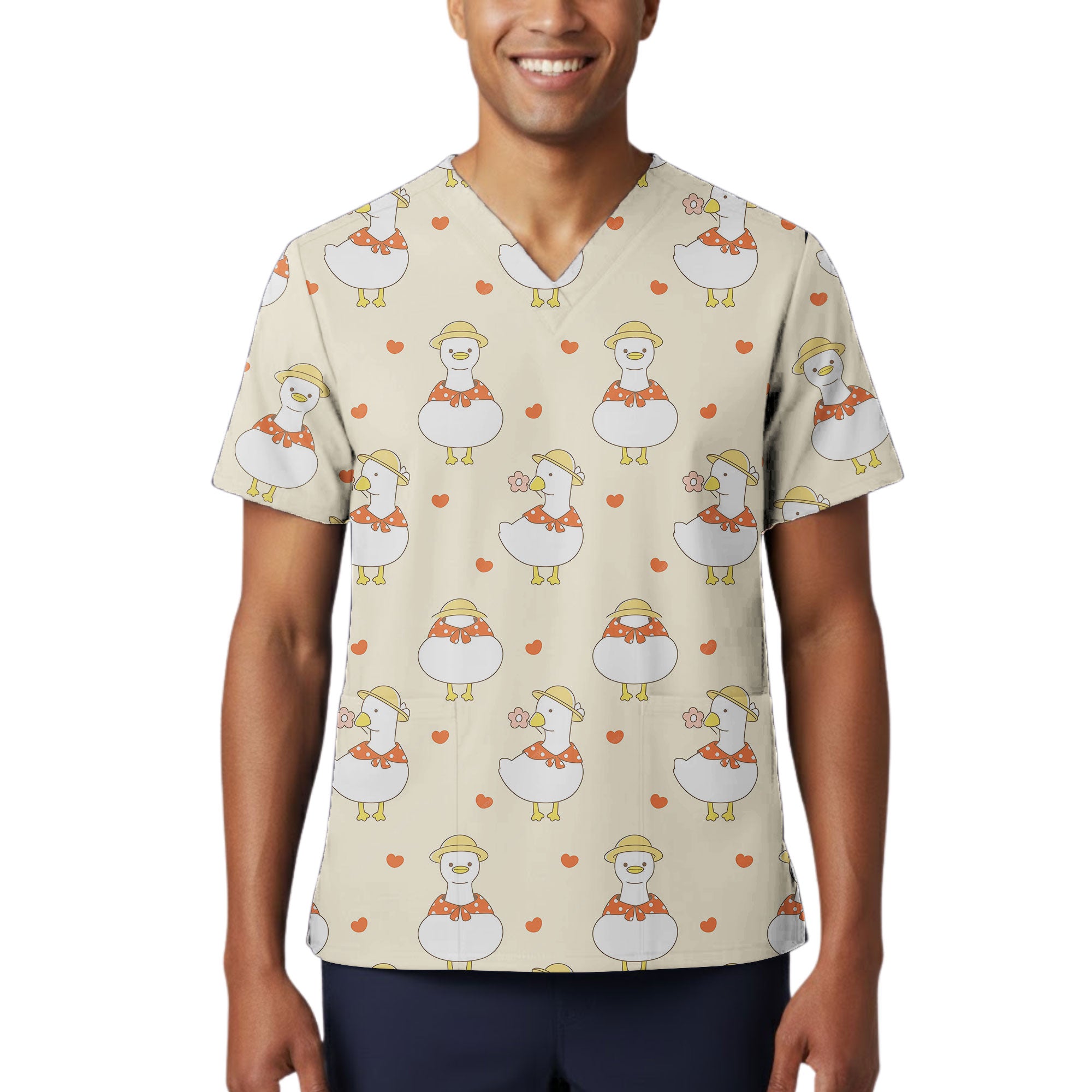 Cute Sun Hat Goose Printed Scrub Top for Spring