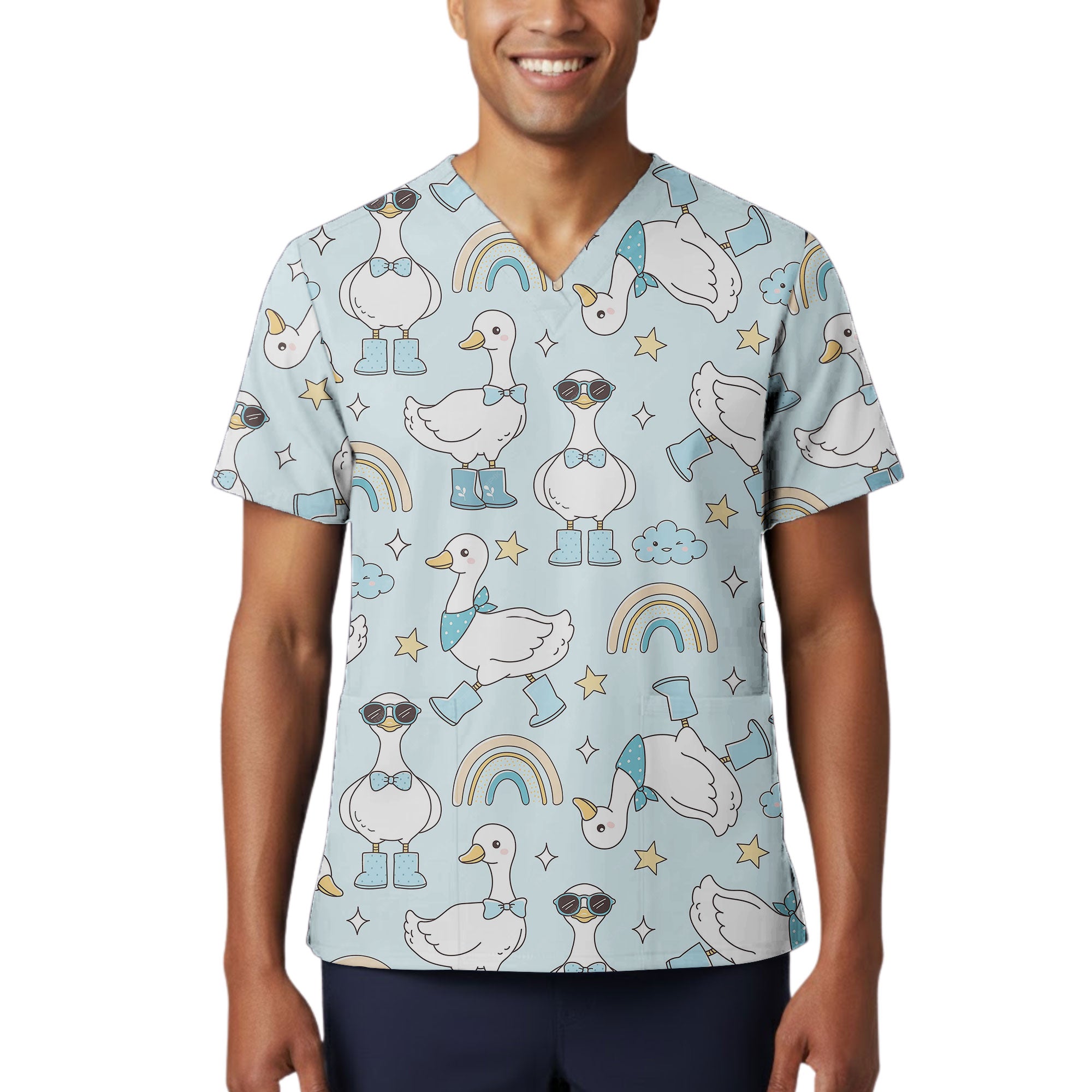 Adventure Goose and Rainbow Printed Scrub Top for Pediatric Nurses
