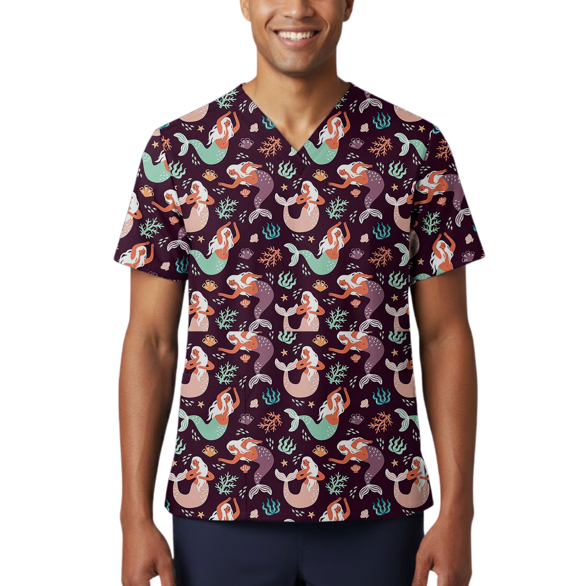 Mermaid and Coral Reef Printed Scrub Top for Nurses