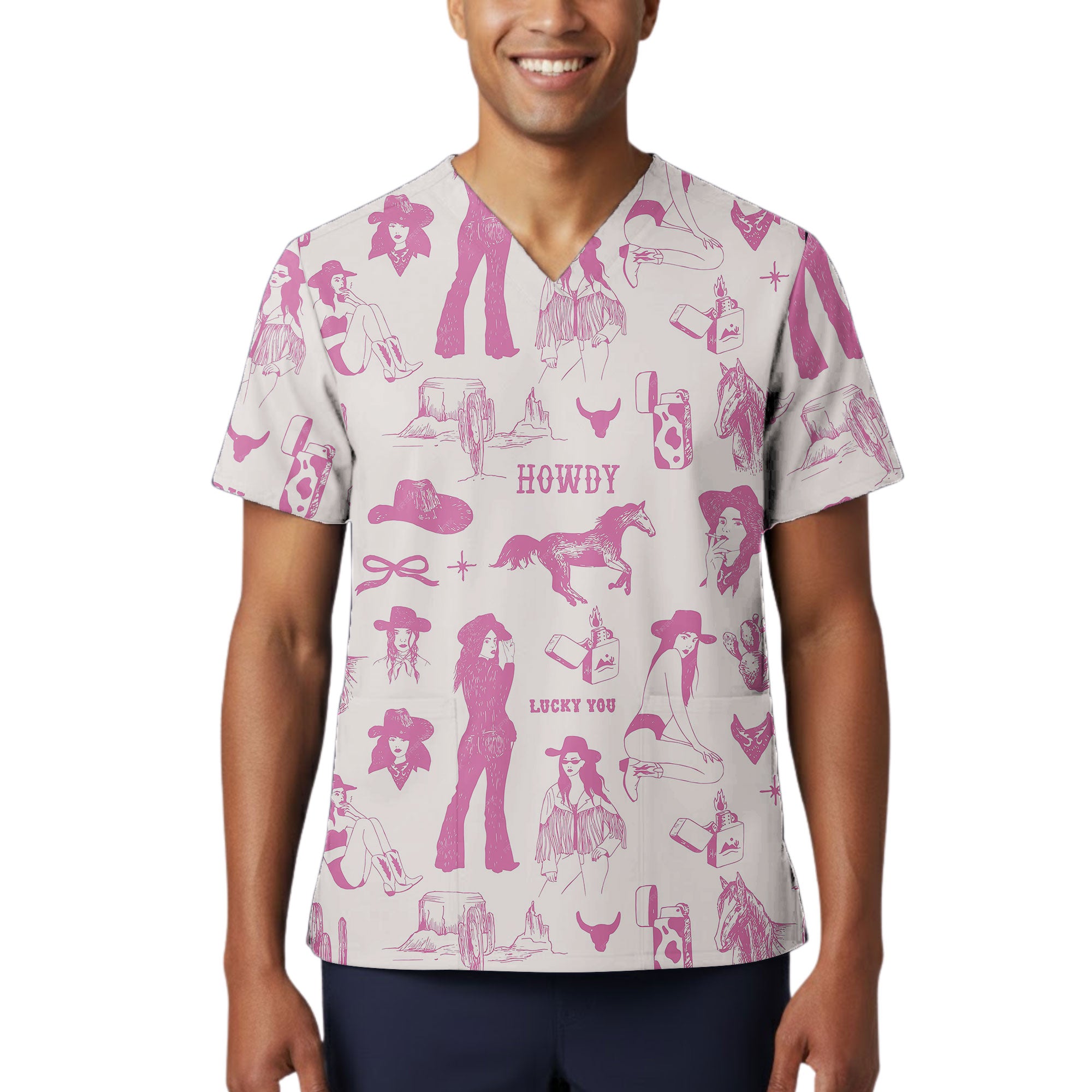 Lucky You Pink Cowgirl Silhouette Printed Scrub Top for Nurses