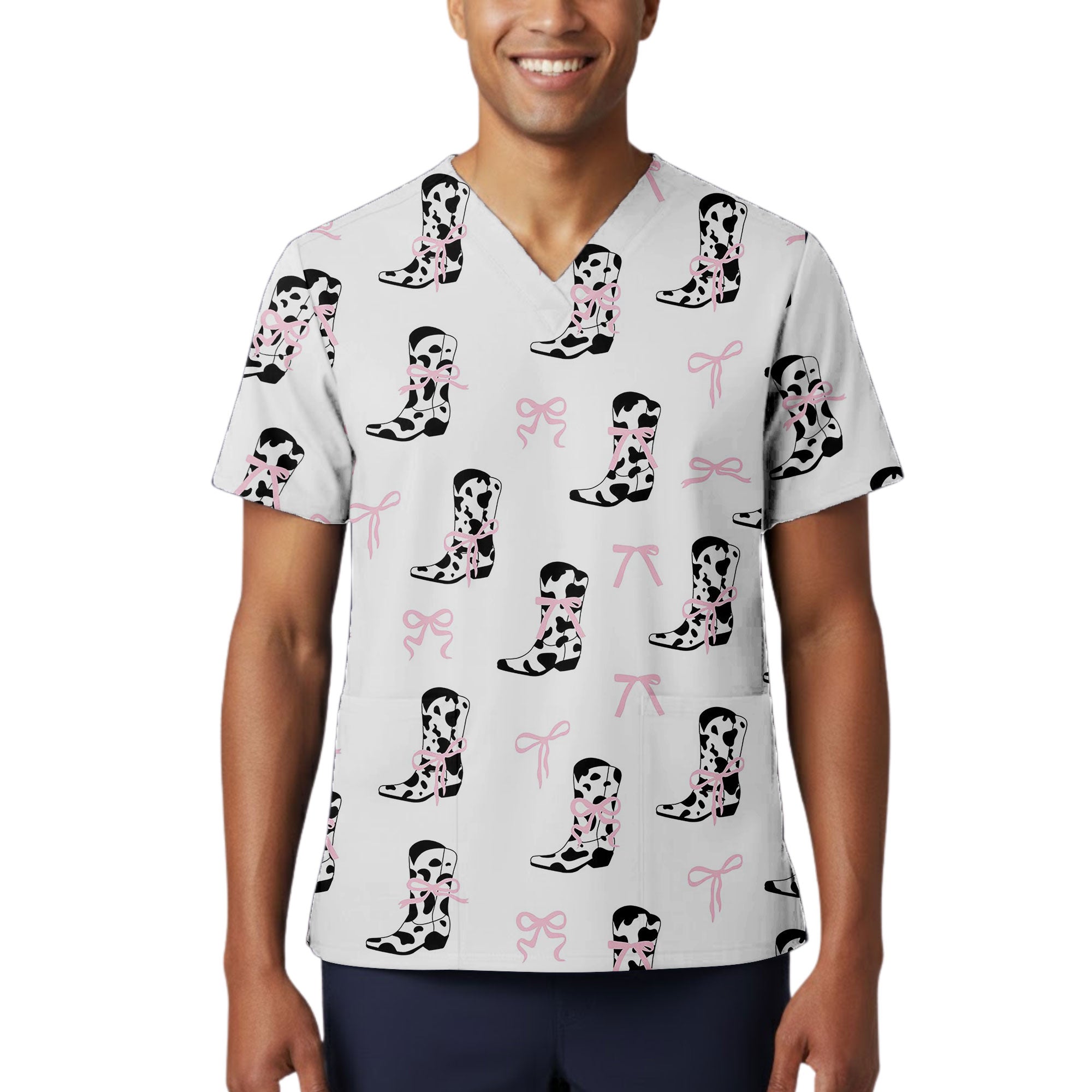 Cow Print Cowboy Boot and Pink Bow Printed Scrub Top for Nurses