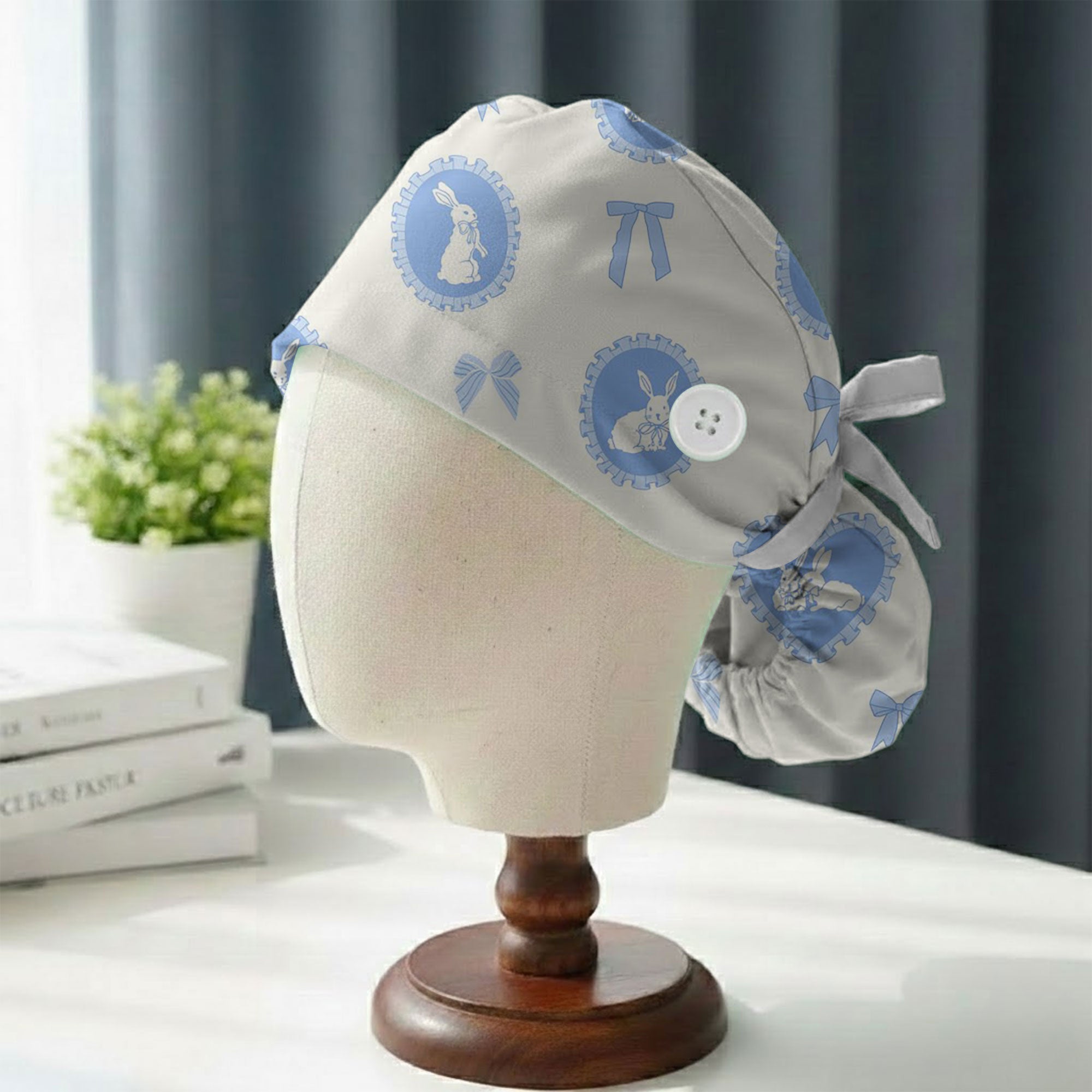 Vintage Blue Cameo Bunny Printed Scrub Cap