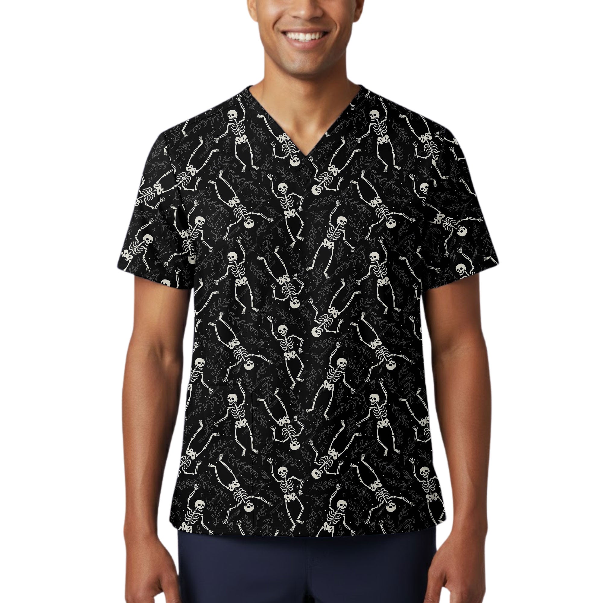 Dancing Skeleton Printed Scrub Top for Halloween