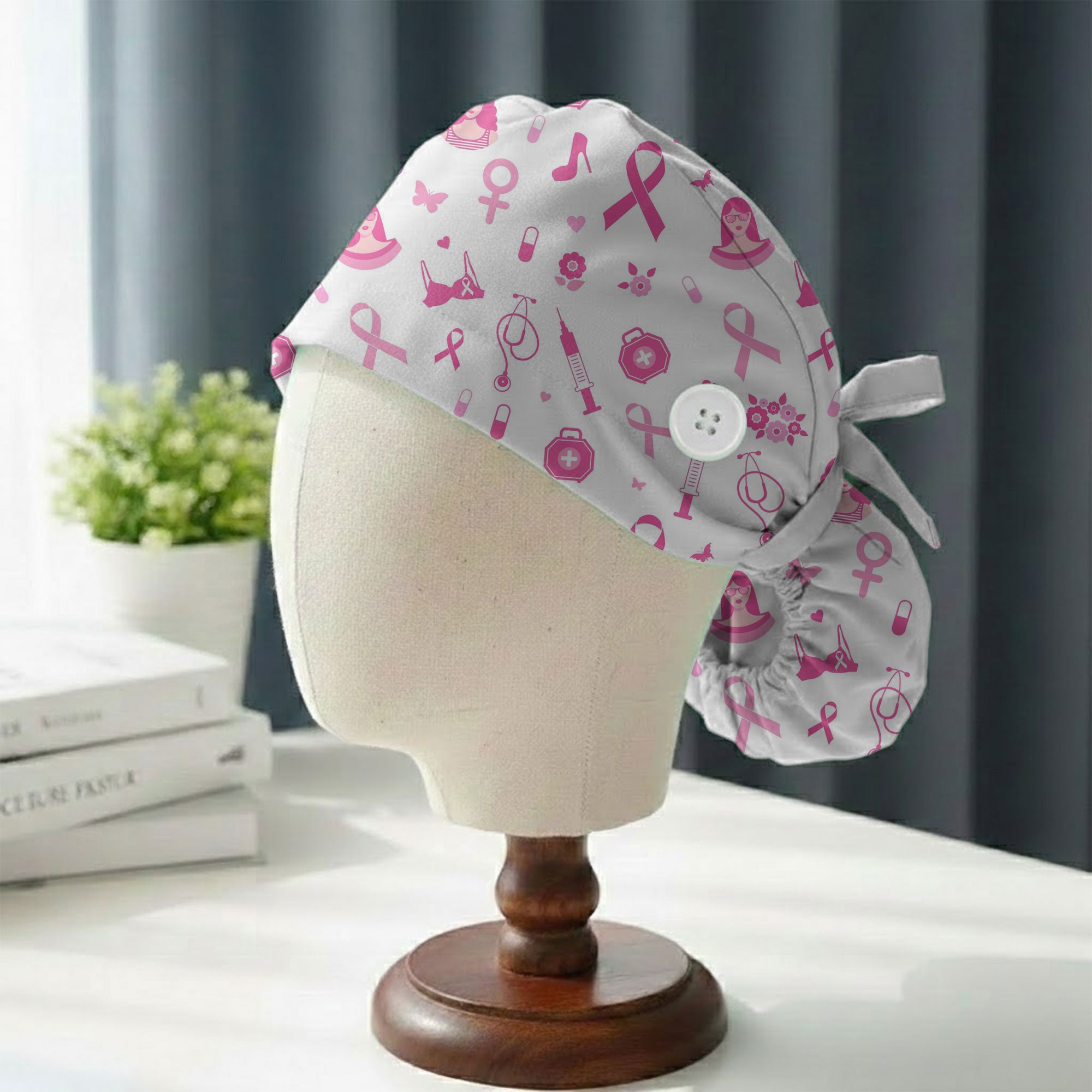 Pink Ribbon Awareness Printed Scrub Cap for Oncology Nurses