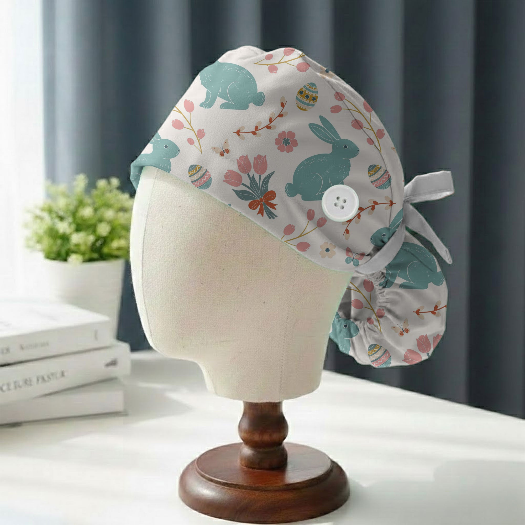 Pastel Easter Bunny and Egg Printed Scrub Cap for Spring