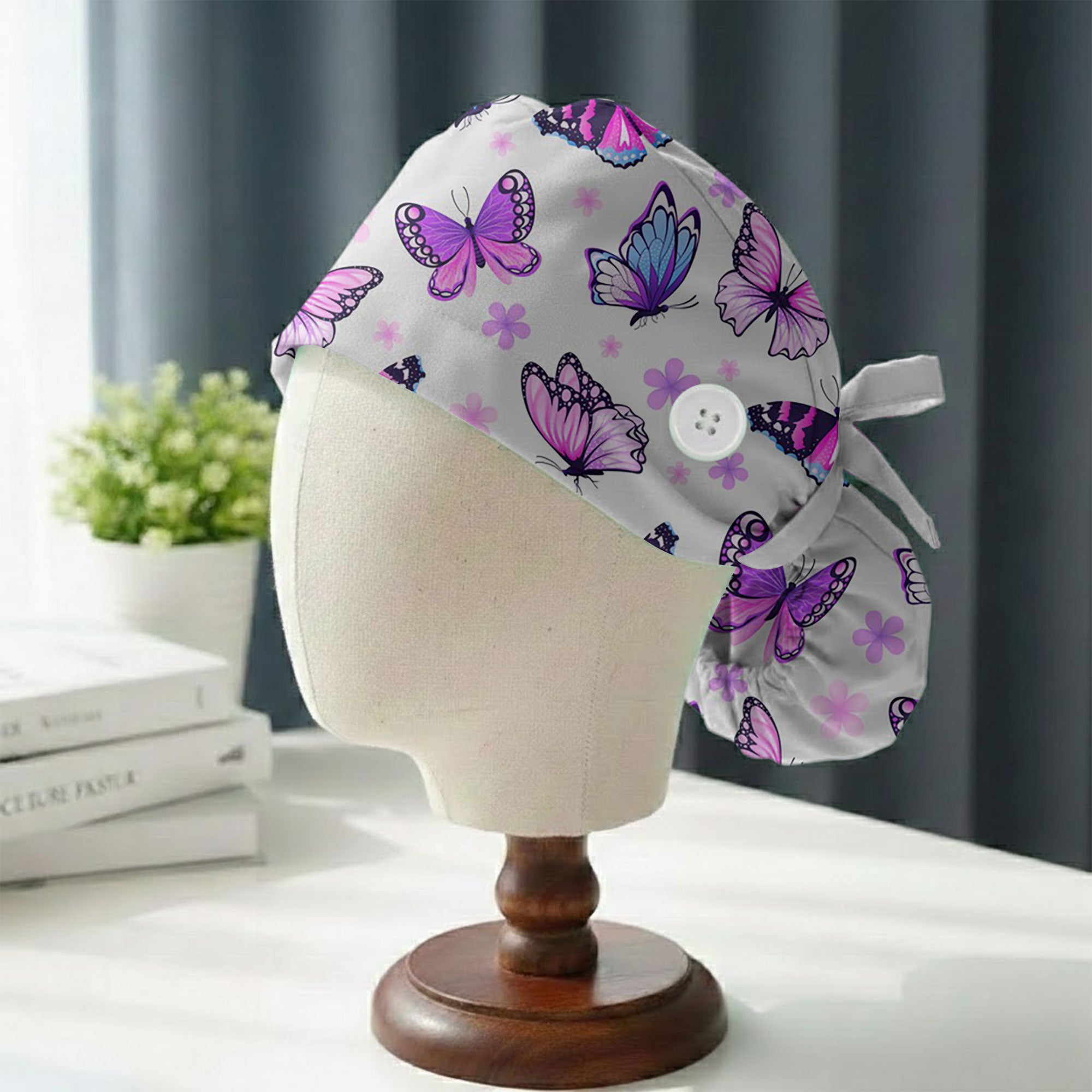 Purple Butterfly and Floral Printed Scrub Cap