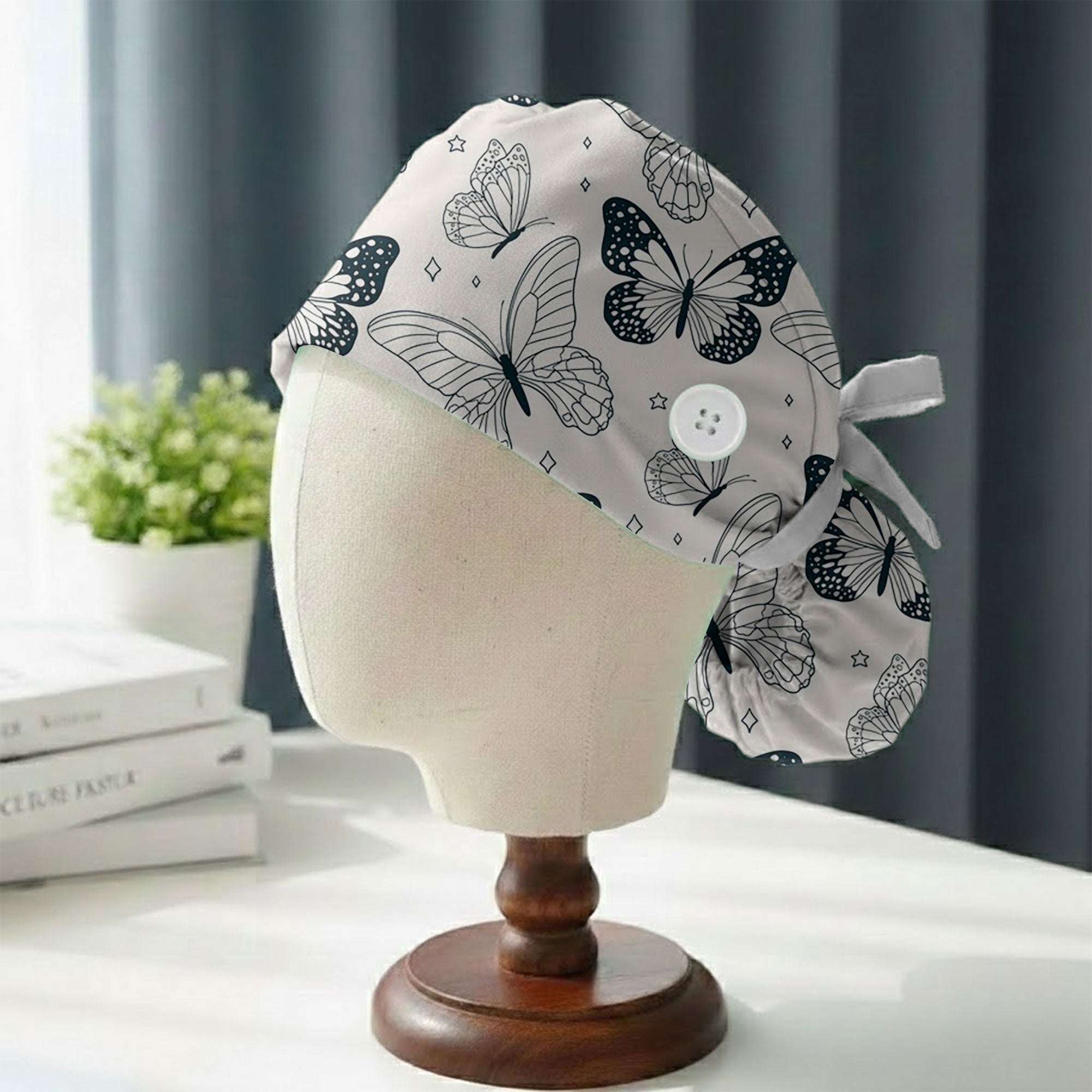 Black and White Butterfly Sketch Printed Scrub Cap