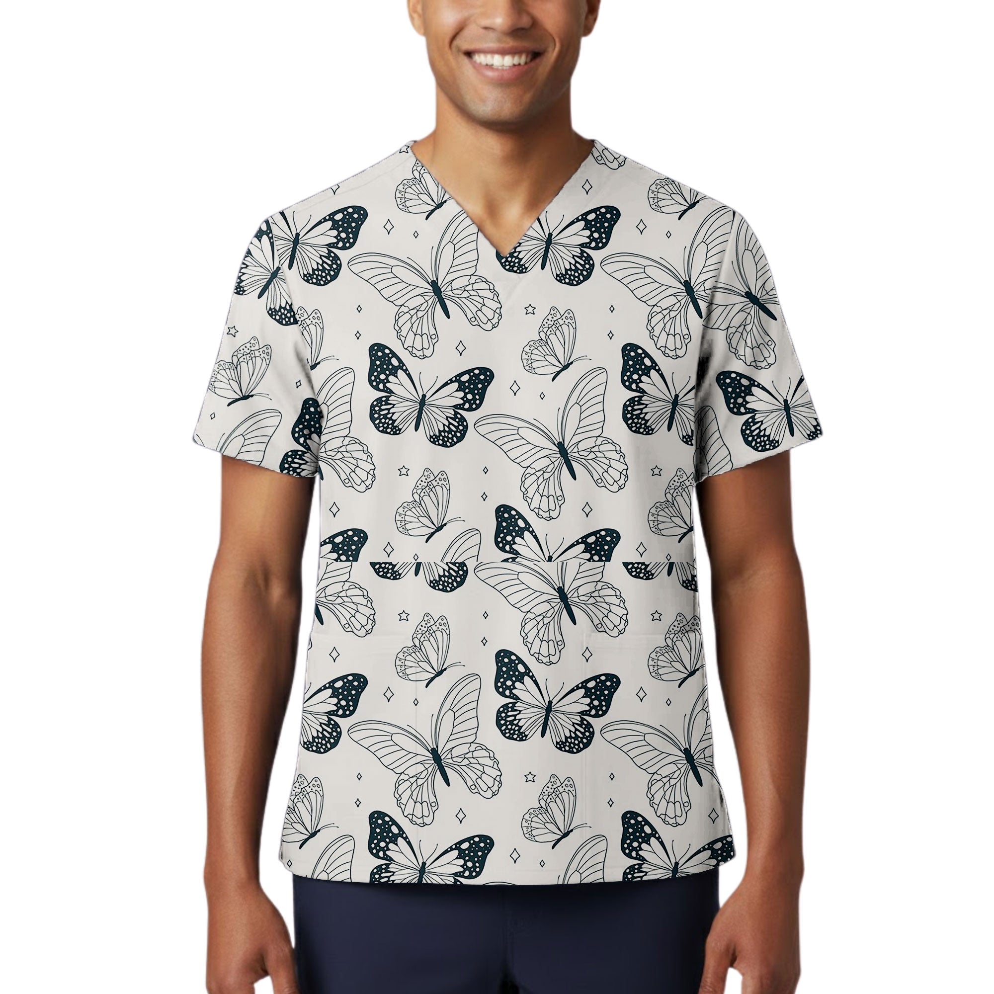 Black and White Butterfly Sketch Printed Scrub Top for Nurses