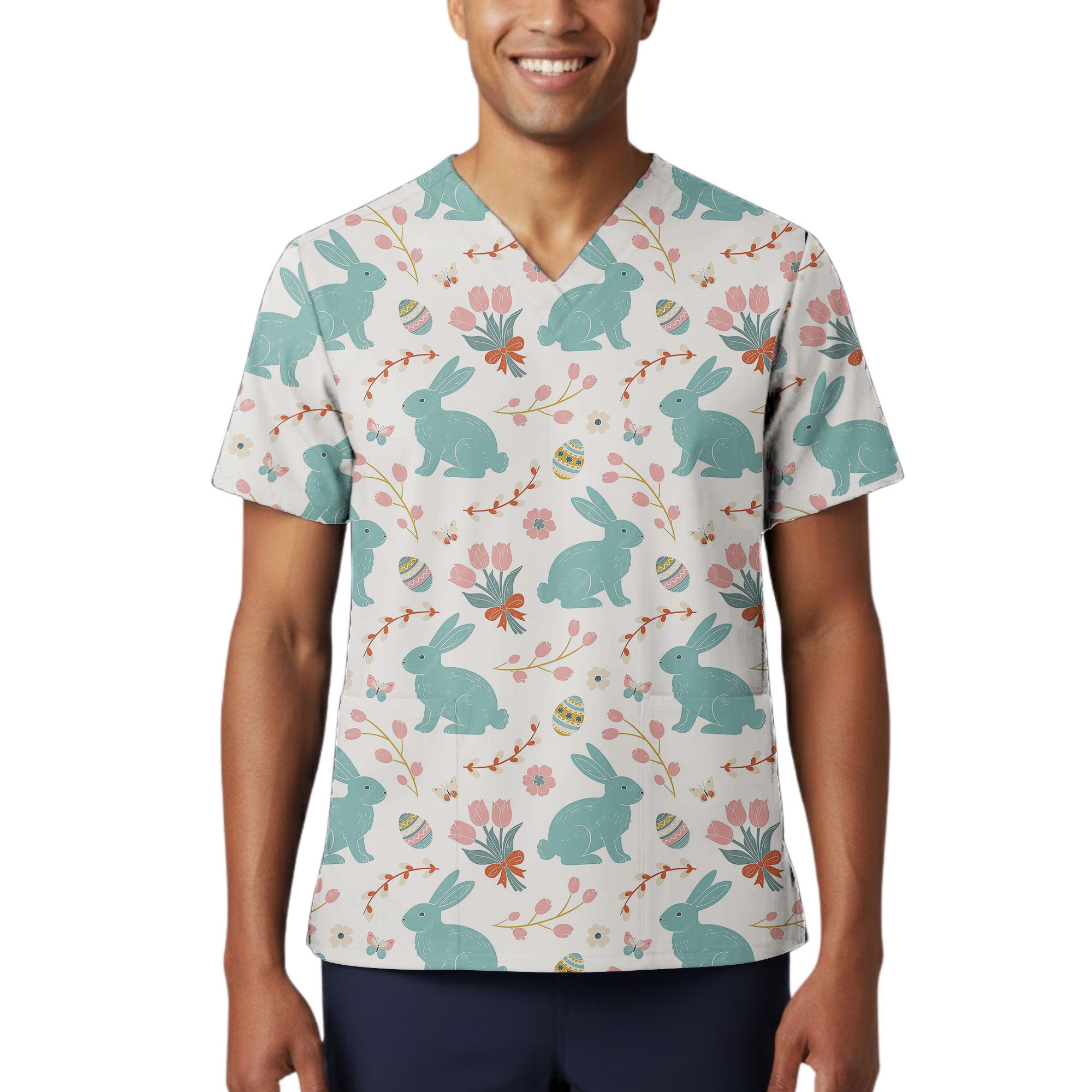 Pastel Easter Bunny and Egg Printed Scrub Top for Spring
