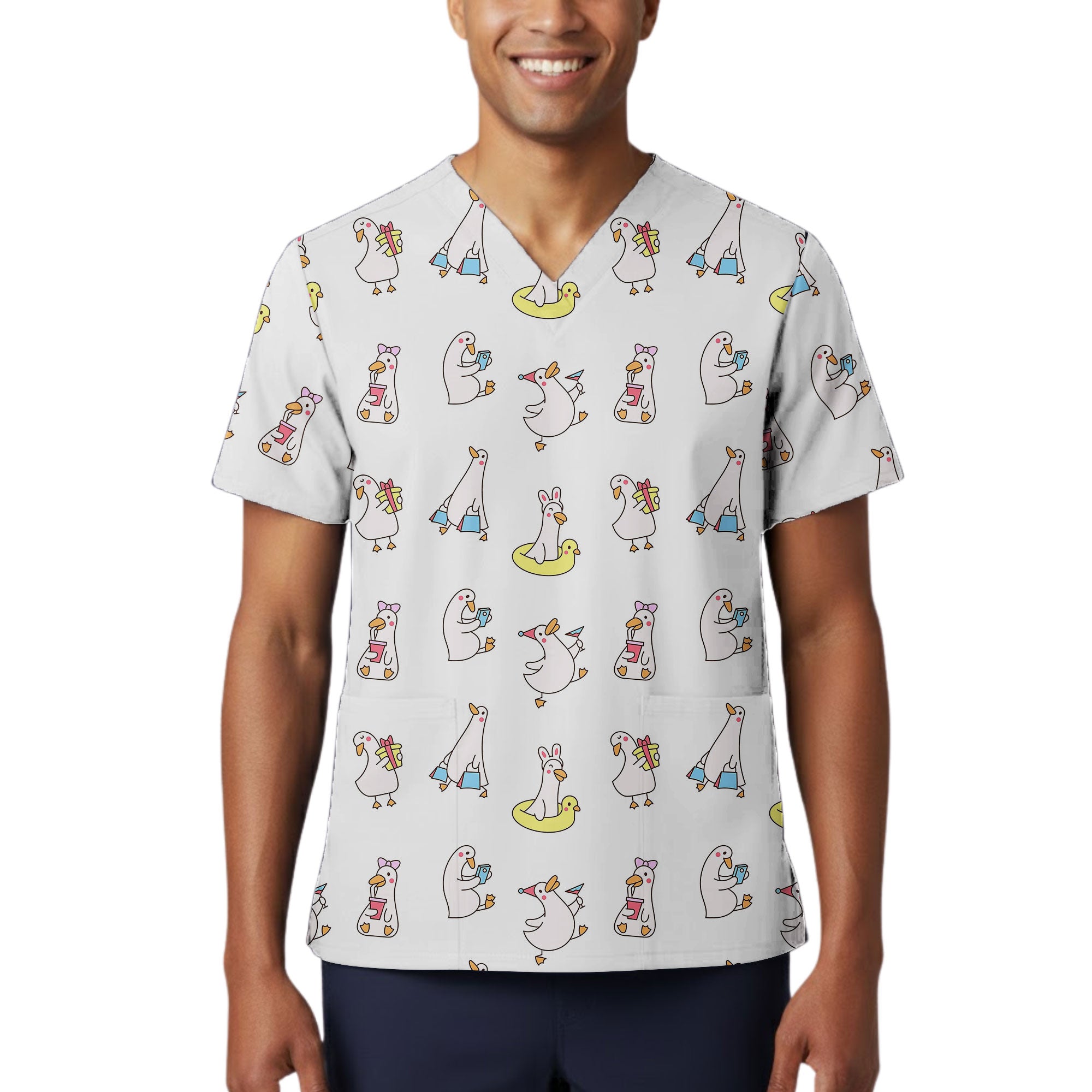 Funny Goose Cartoon Printed Scrub Top for Nurses