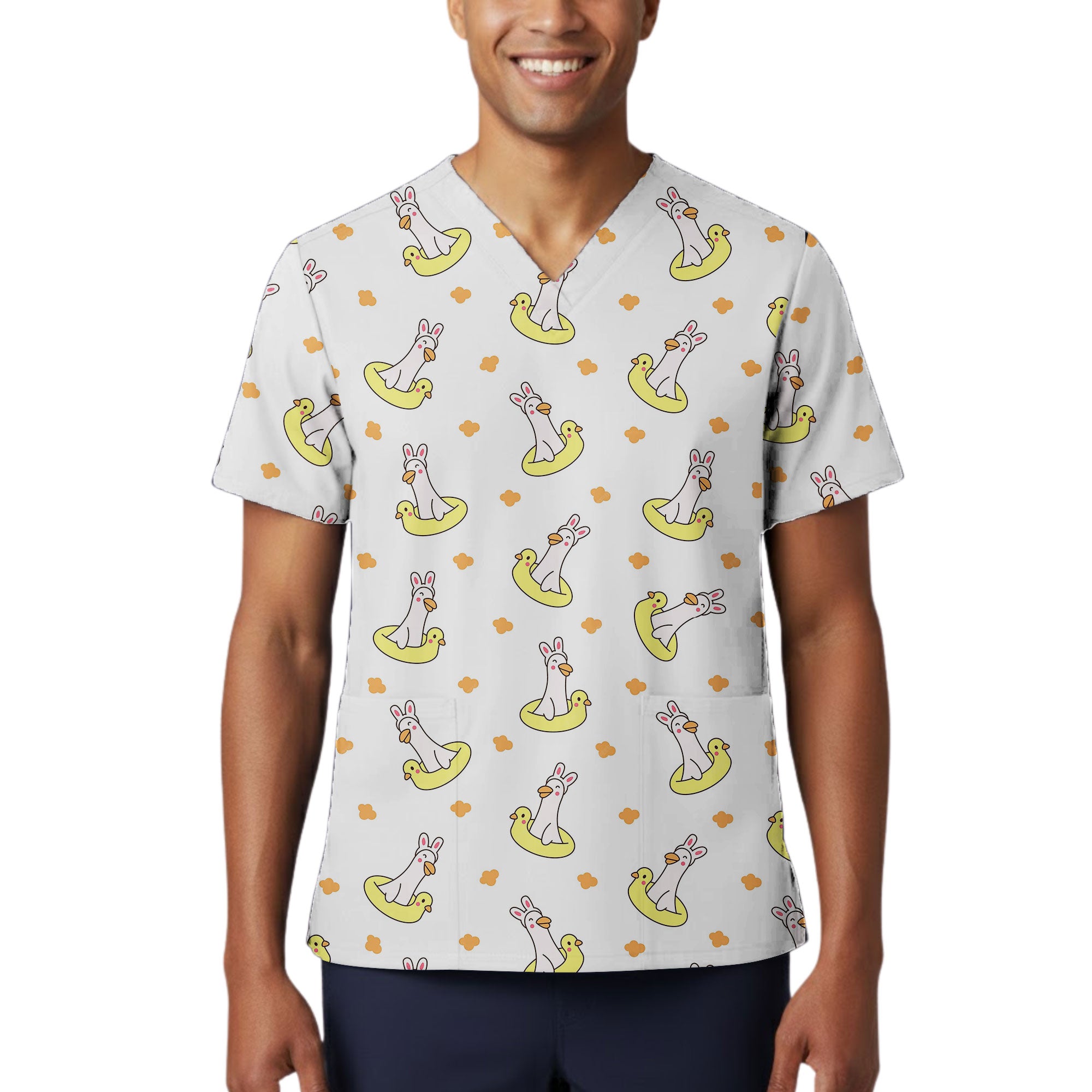 Cute Bunny Goose with Floatie Printed Scrub Top for Pediatric Nurses