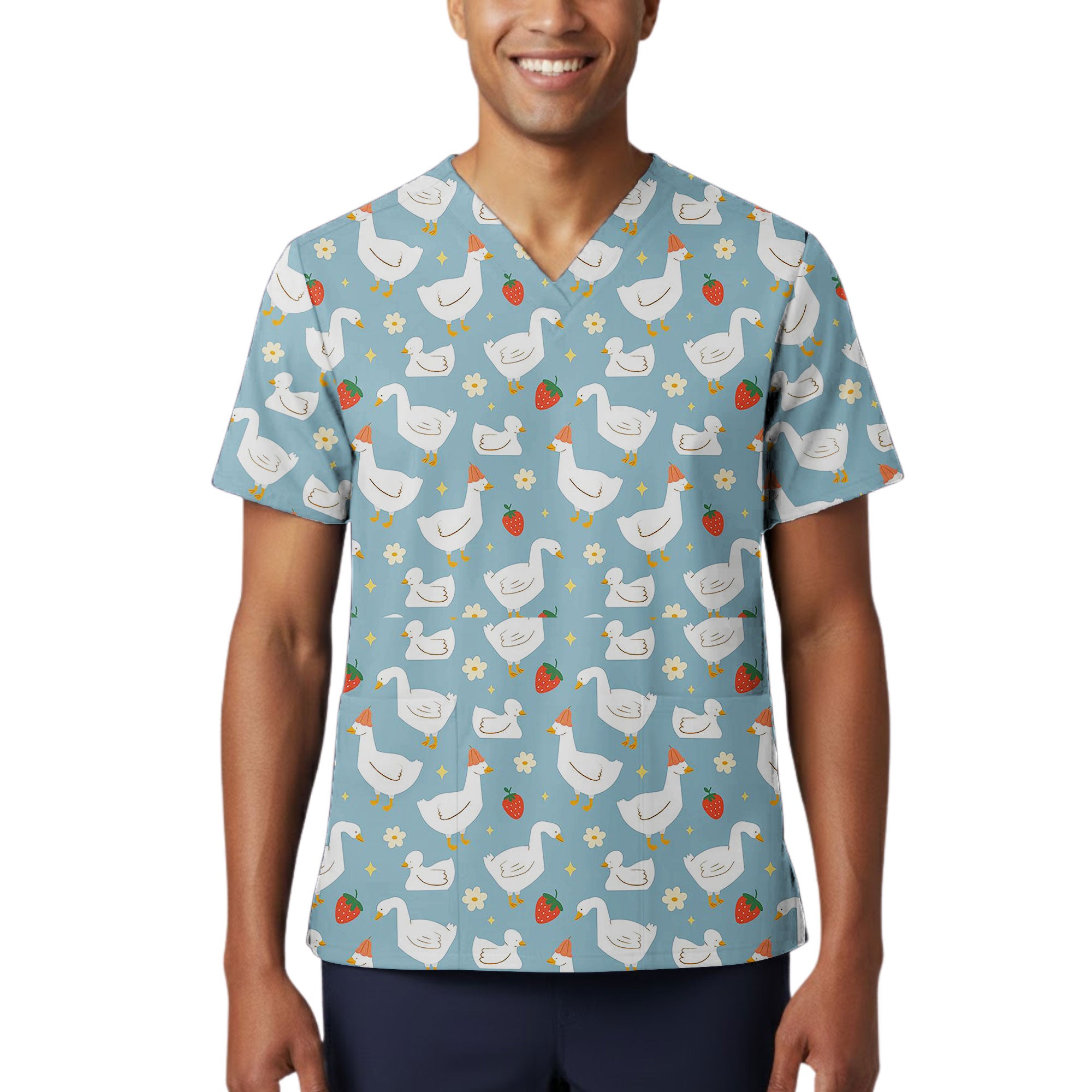Cute Goose and Strawberry Printed Scrub Top for Nurses