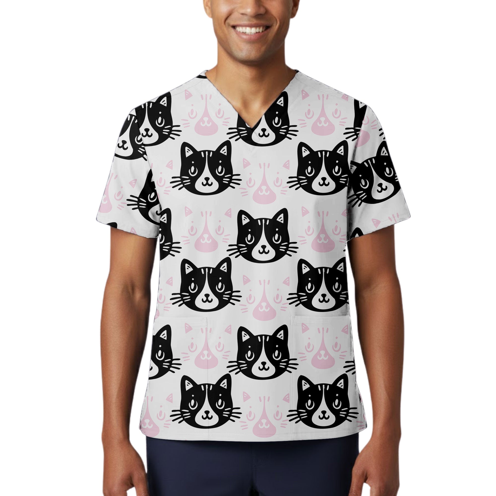 Cute Black and Pink Cat Face Printed Scrub Top for Cat Lovers