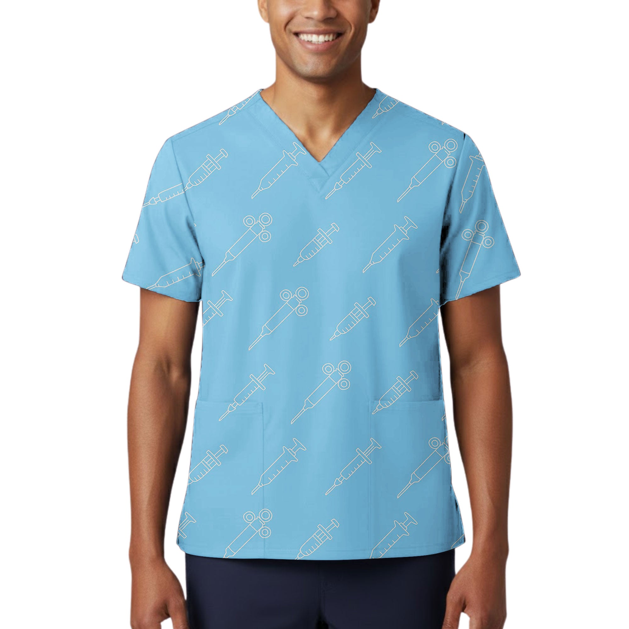 Sky Blue Syringe Line Art Printed Scrub Top for Nurses