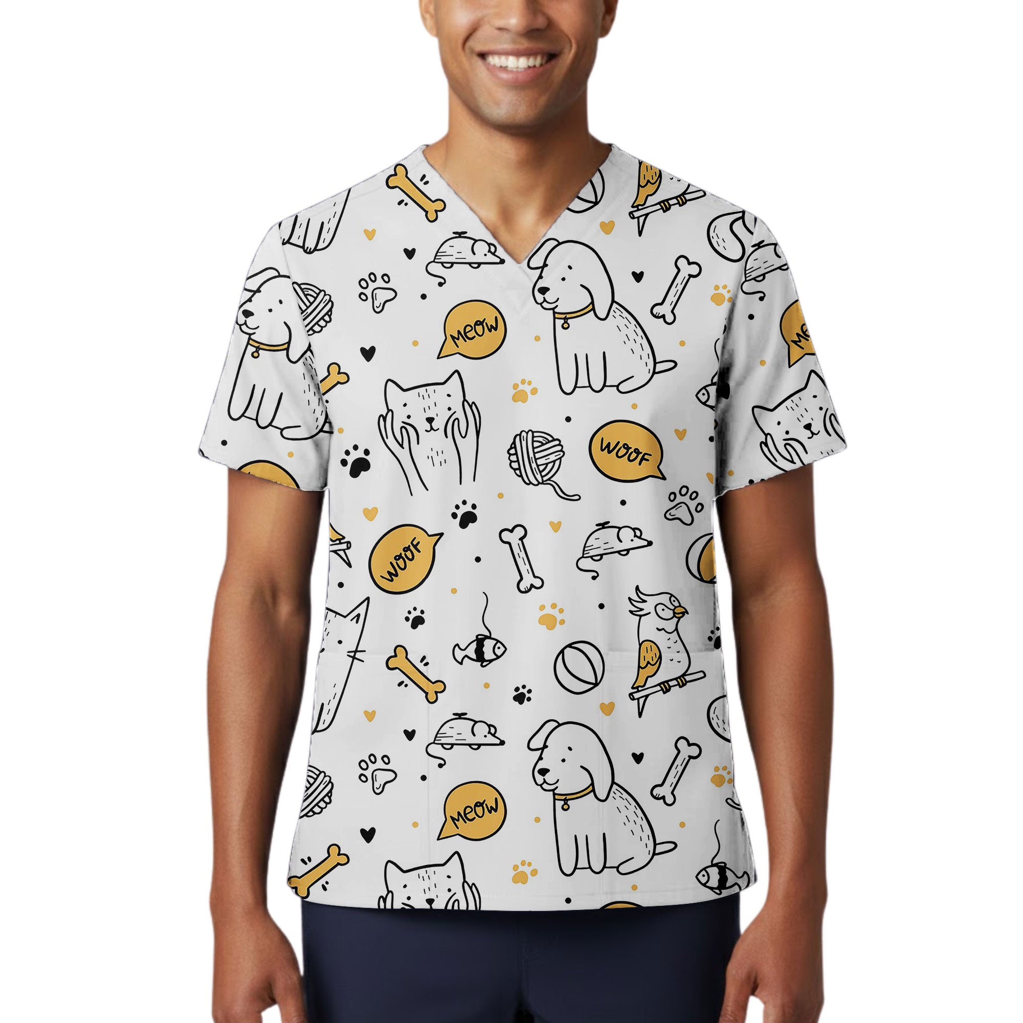 Cute Dog and Cat Woof Meow Printed Scrub Top for Veterinary Staff