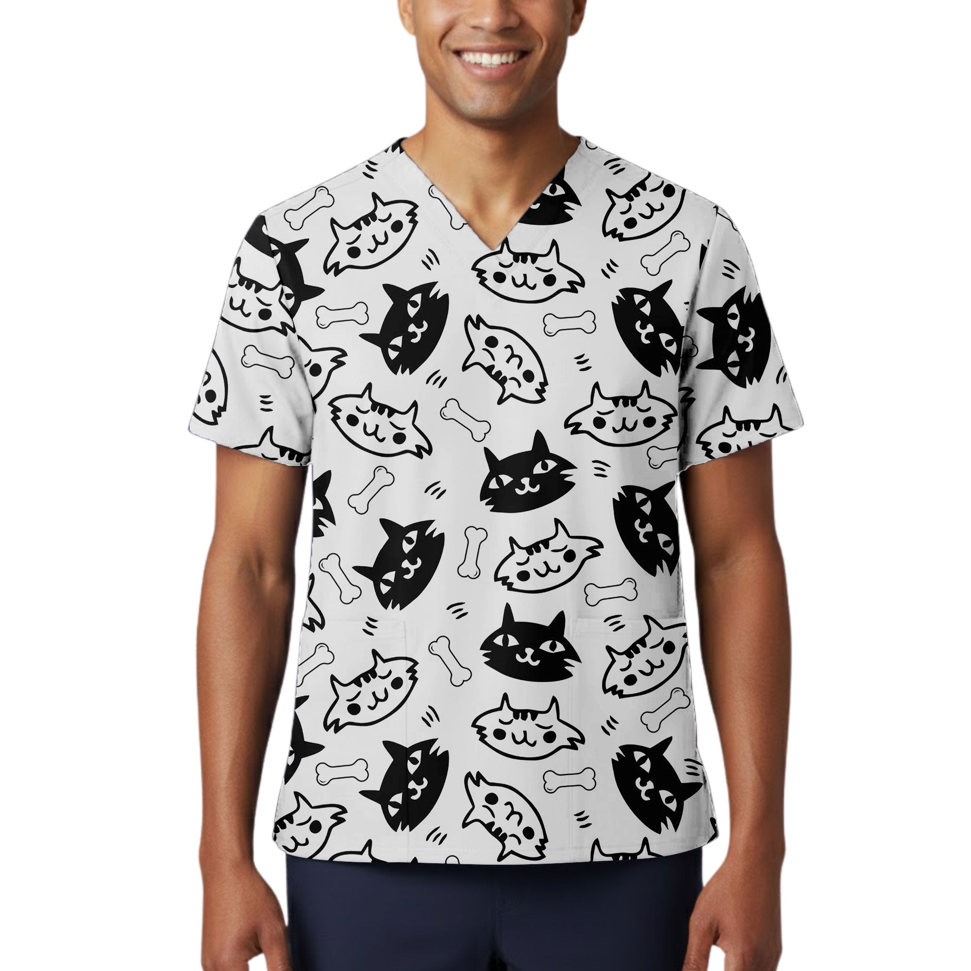 Black and White Cat Face and Bone Printed Scrub Top for Veterinary Nurses