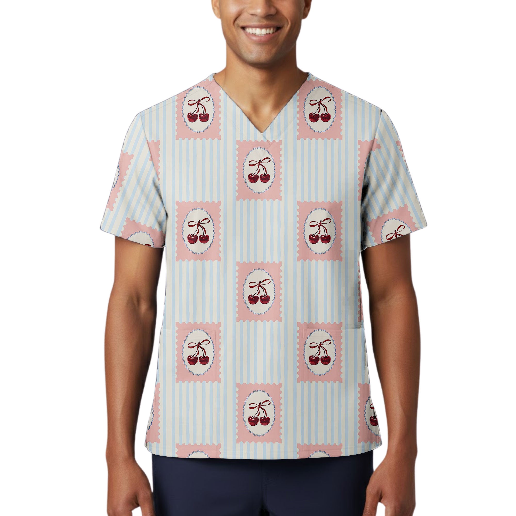 Vintage Pastel Cherry Stamp Stripe Printed Scrub Top for Nurses