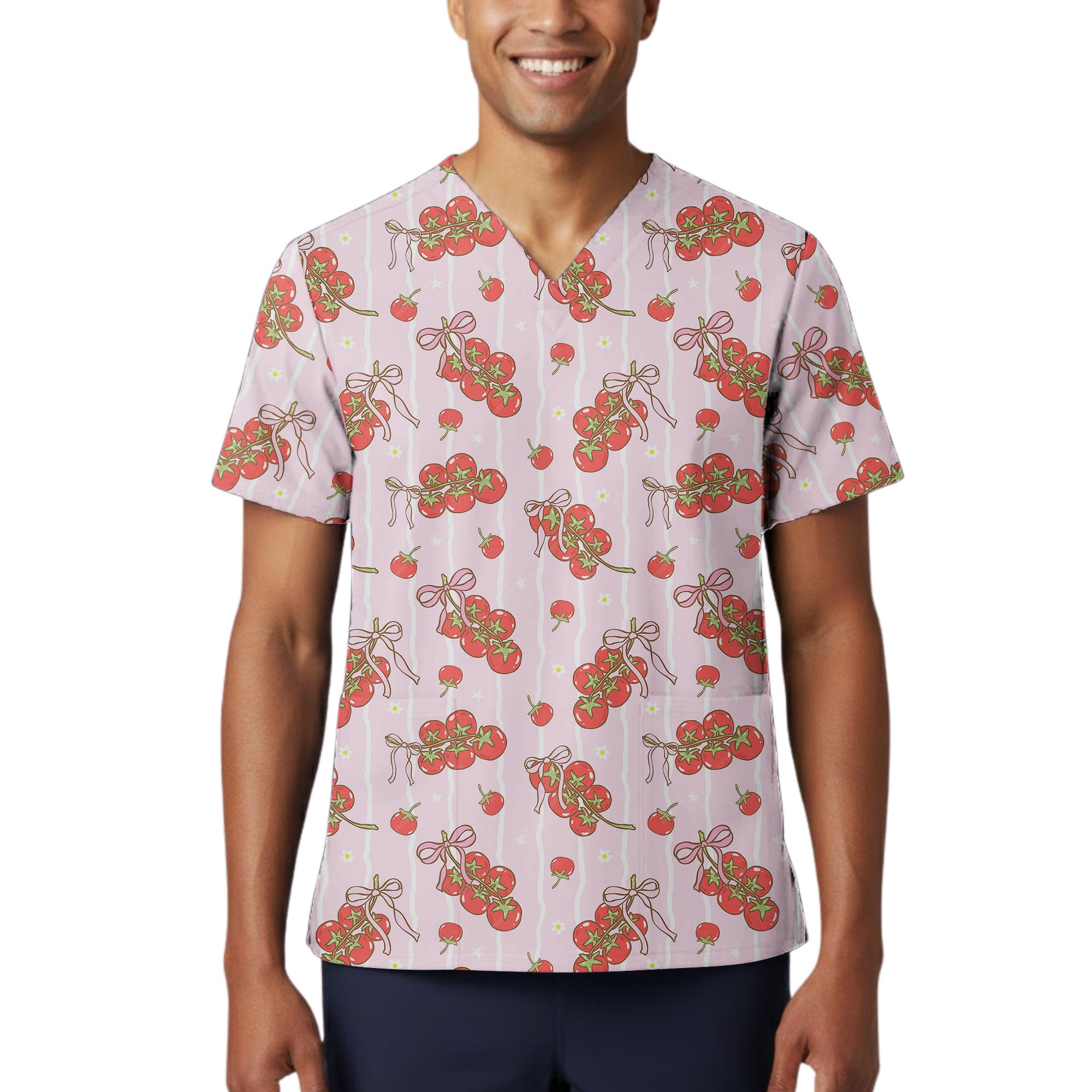 Lavender Cherry Tomato and Bow Printed Scrub Top for Nurses