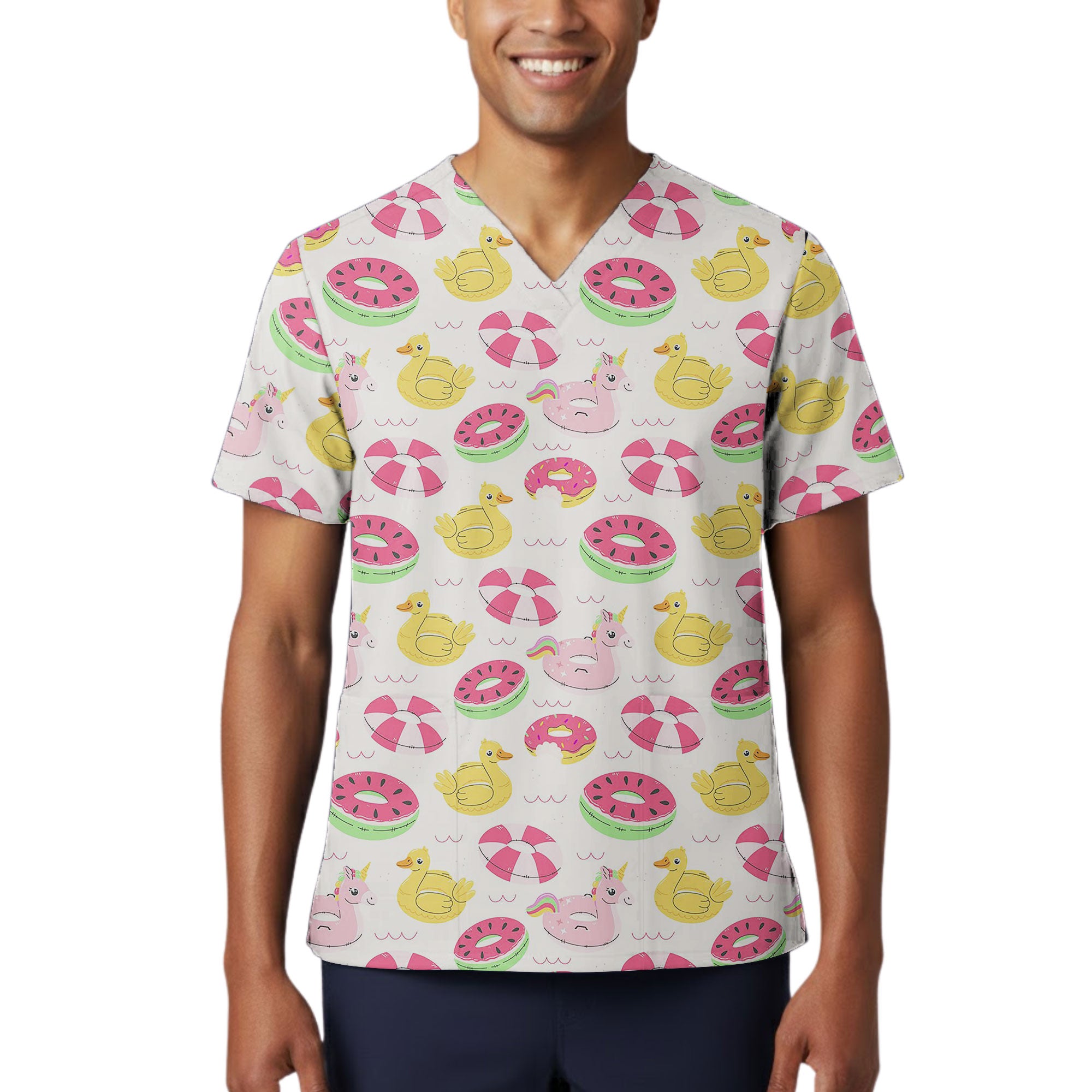 Cute Pool Float Duck and Unicorn Printed Scrub Top for Pediatric Nurses
