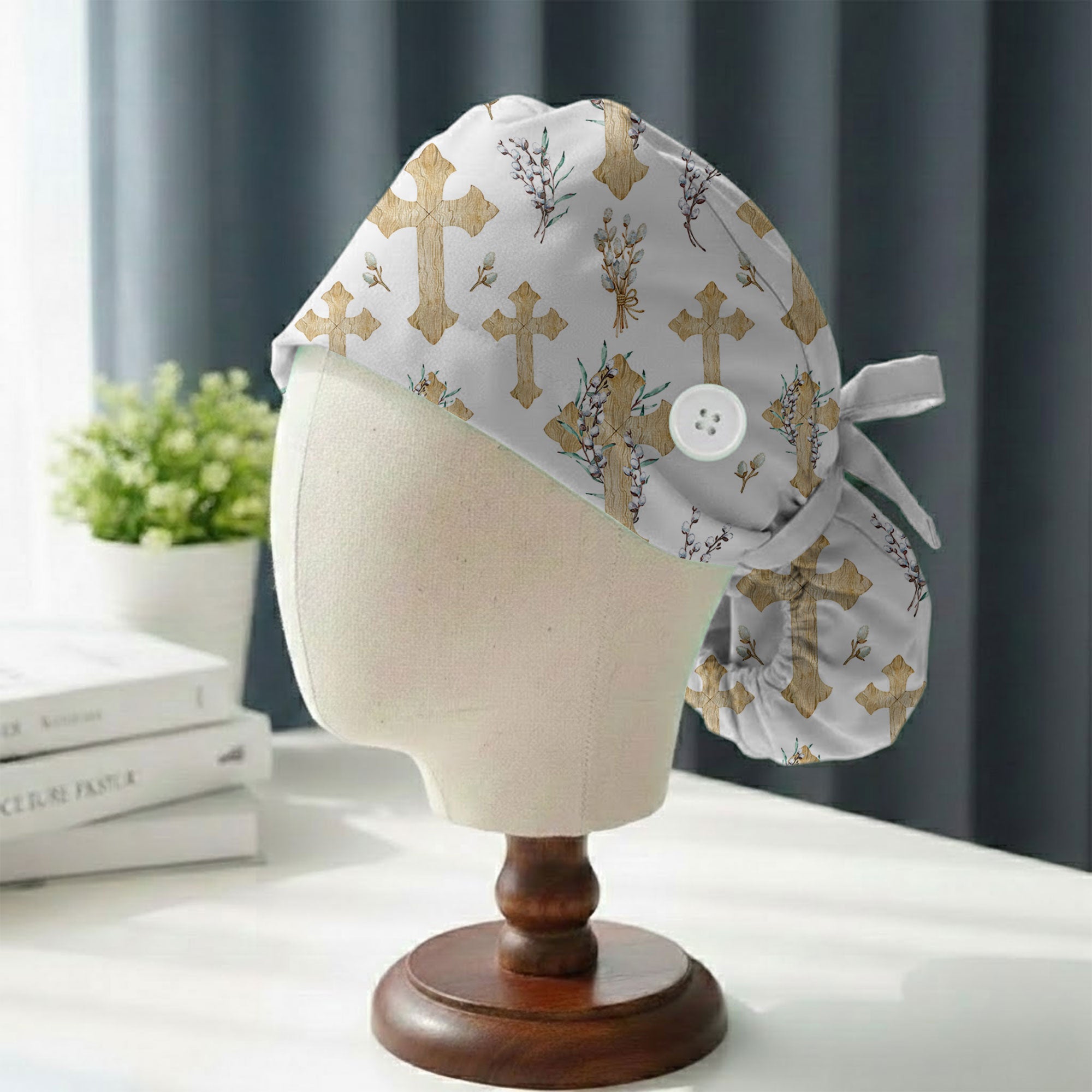 Watercolor Wooden Christian Cross Printed Scrub Cap