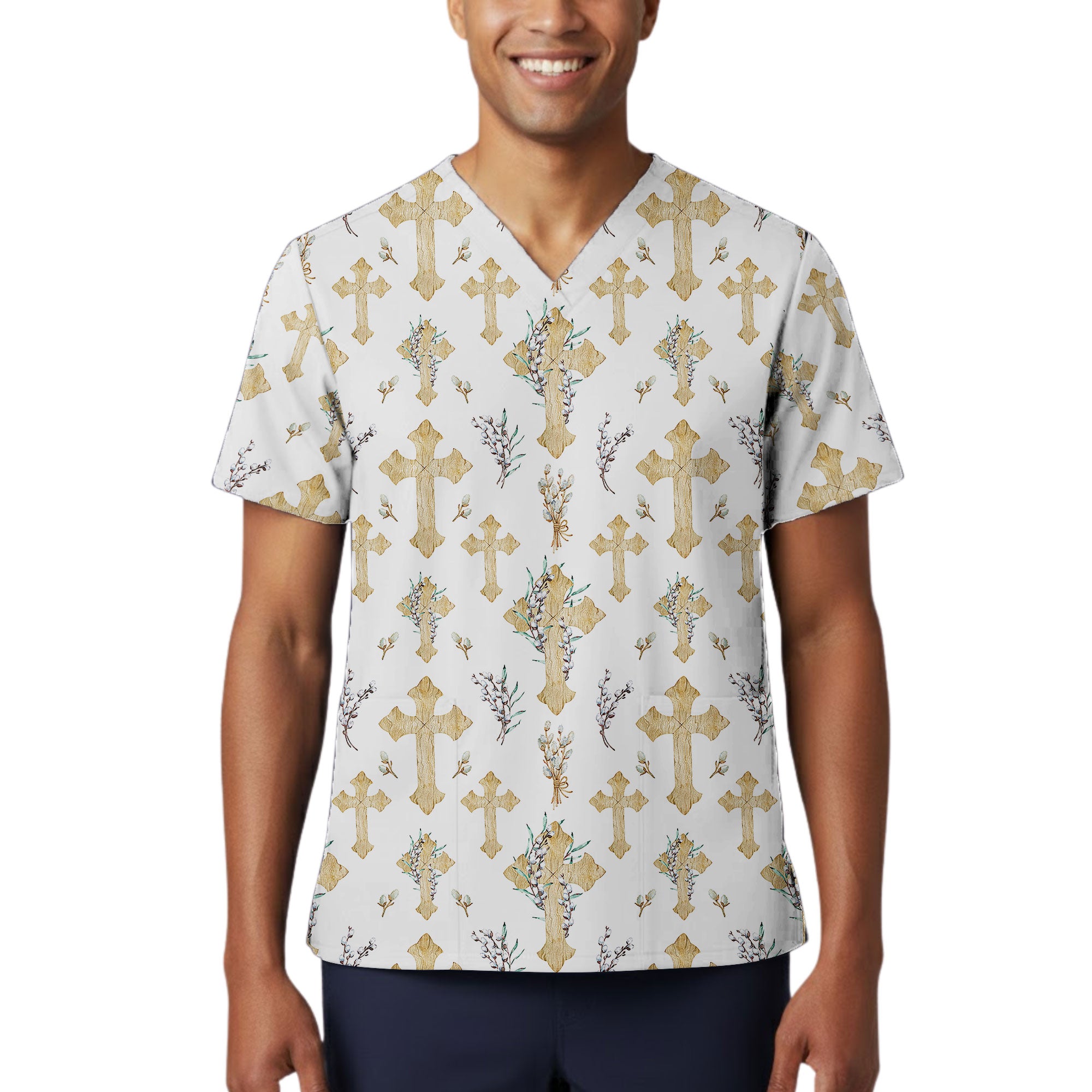 Watercolor Wooden Christian Cross Printed Scrub Top for Medical Staff