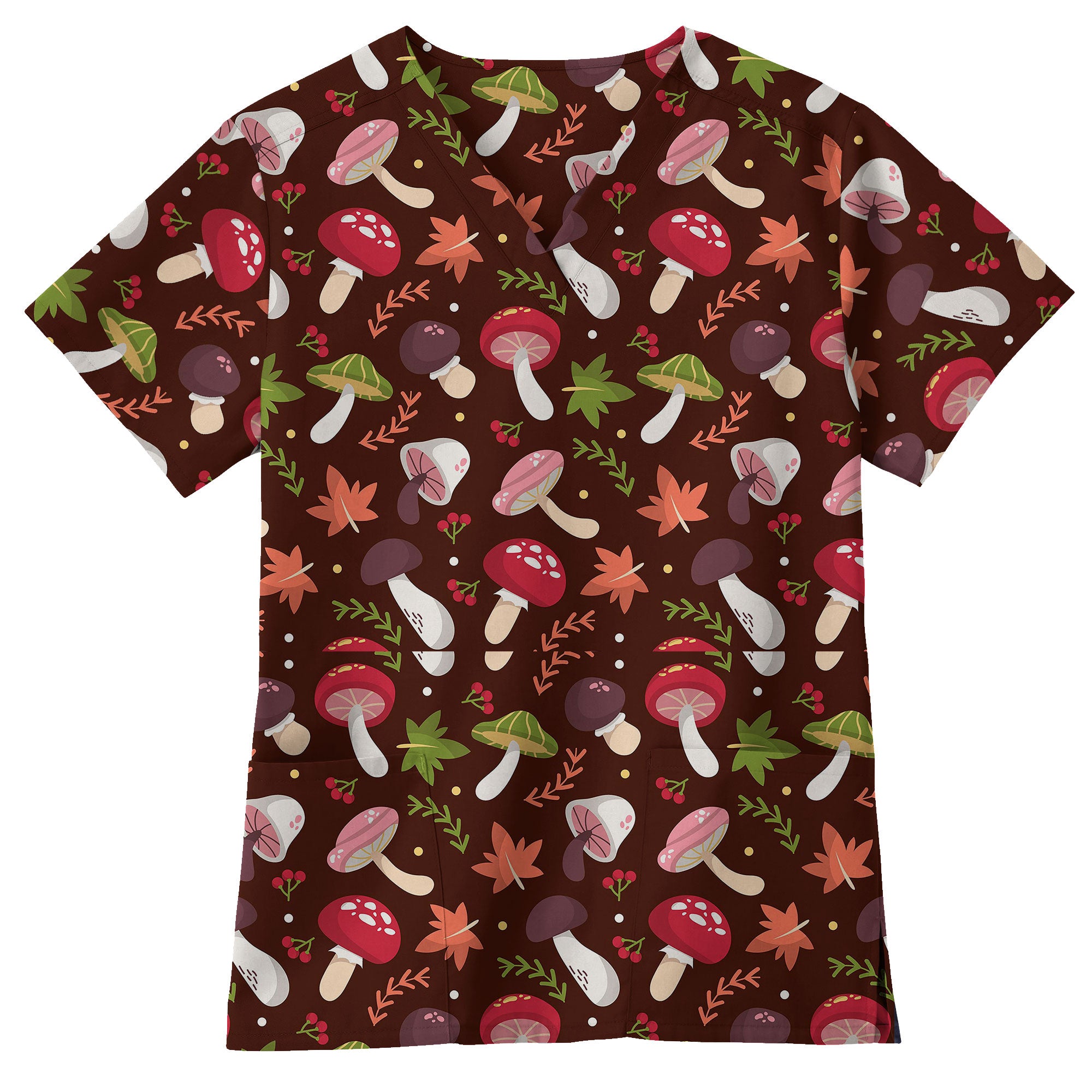 Autumn Mushroom Forest Printed Scrub Top for Nurses
