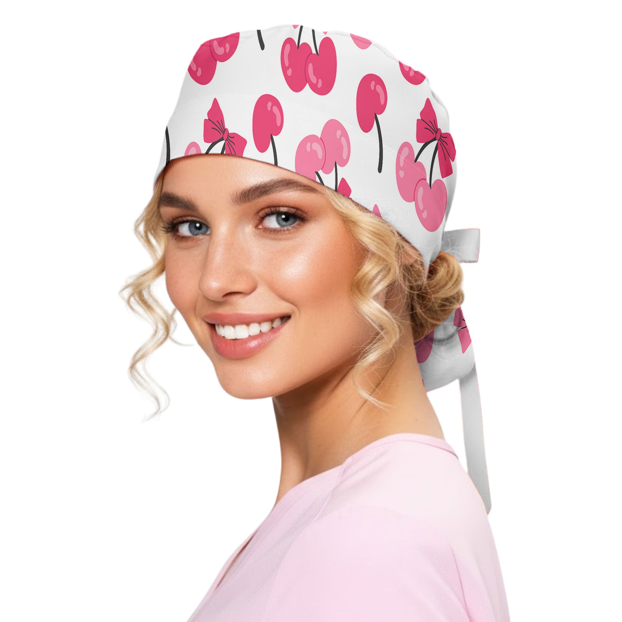 Pink Cherry Bow Printed Scrub Cap for Nurses