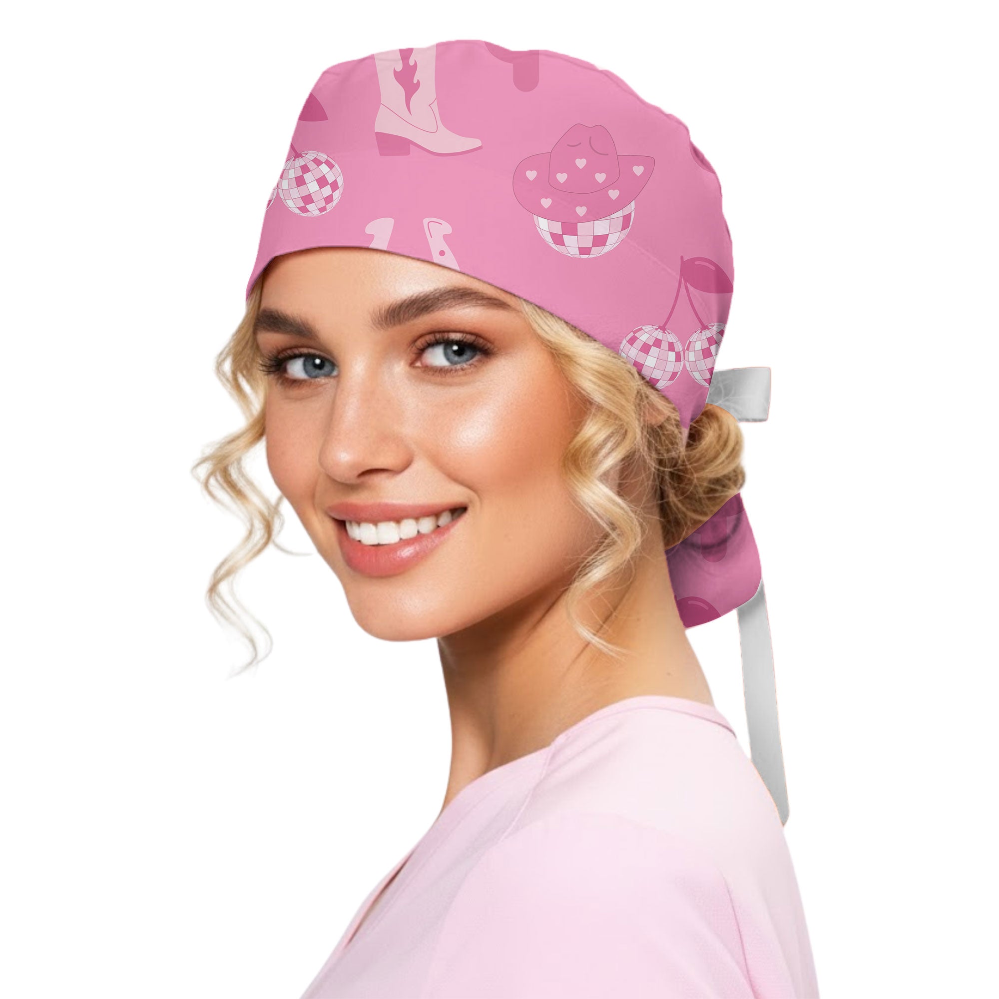Pink Lucky Disco Cowgirl Printed Scrub Cap